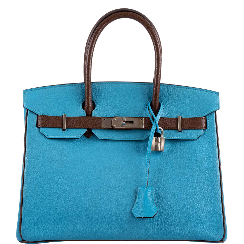 Hermès Special Order (HSS) Birkin 30 in Bleu Aztec and Havane Chèvre Mysore with palladium hardware