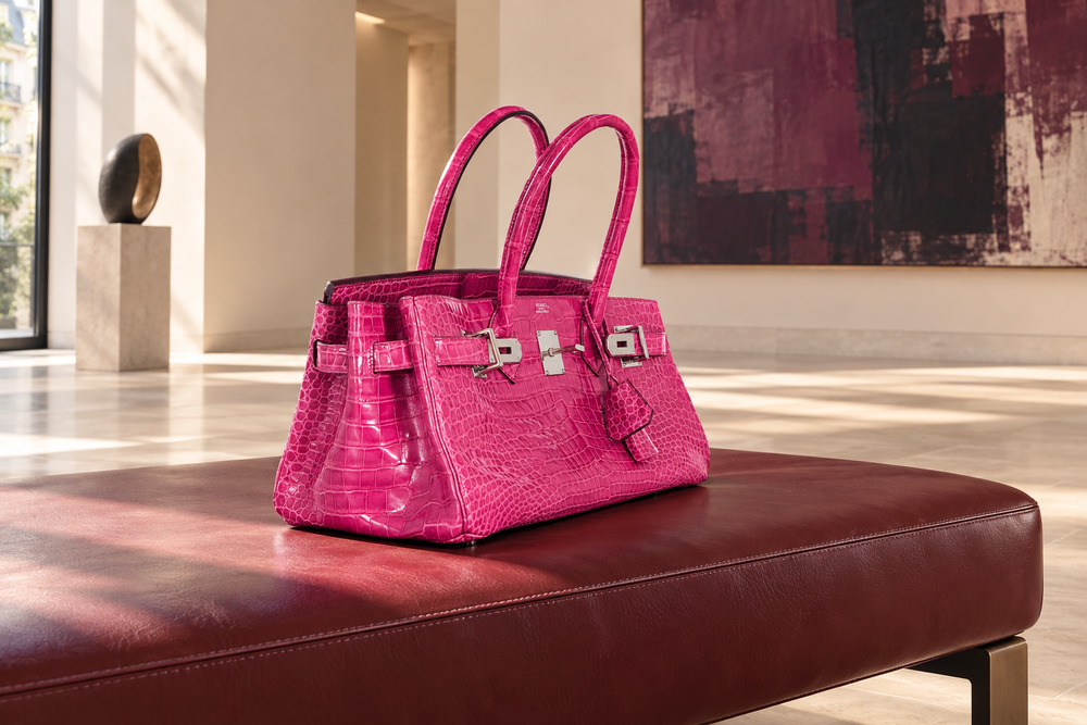 Editorial illustration based on the Fuchsia Porosus JPG Shoulder Birkin 42, set in a contemporary gallery
