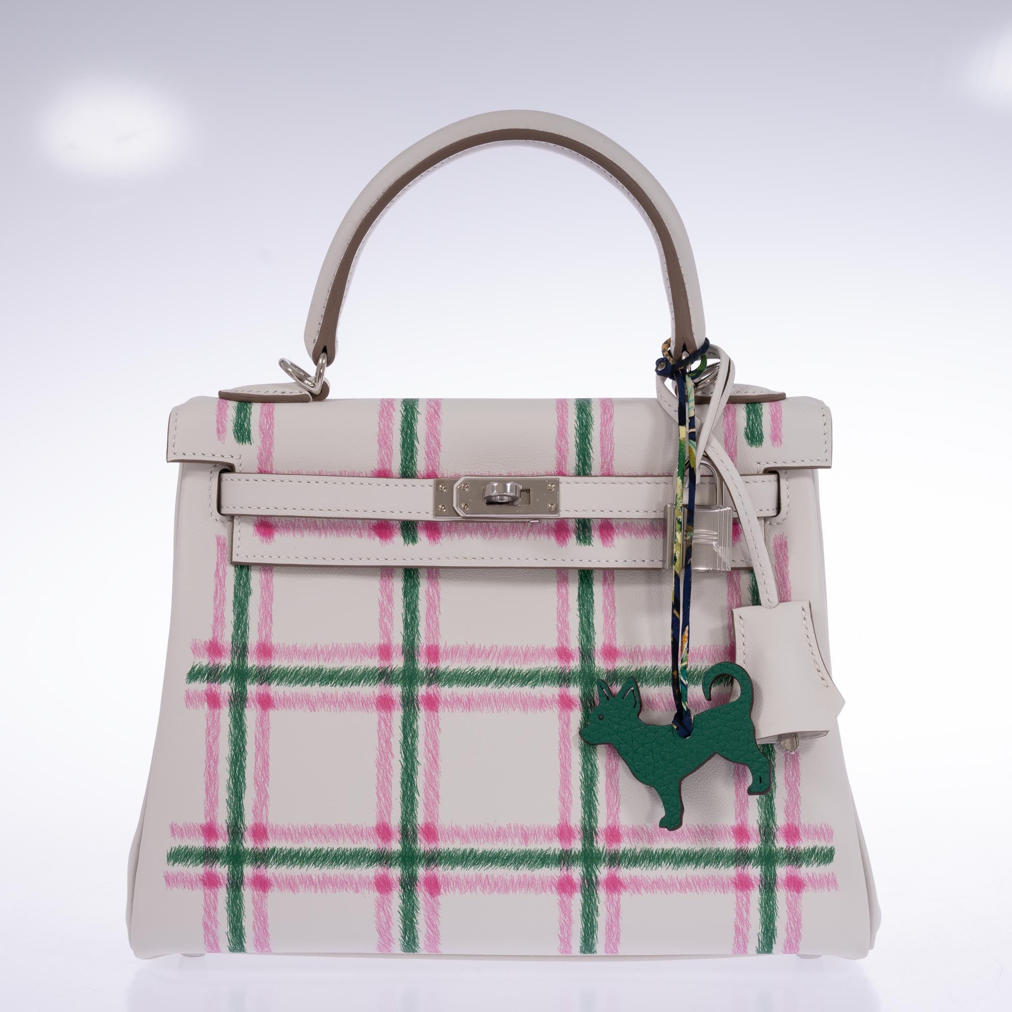 Hermès Kelly 25 Retourne “Tartan Light” Gris Pale, Vert Moyen, and Bubblegum Swift with Palladium Hardware