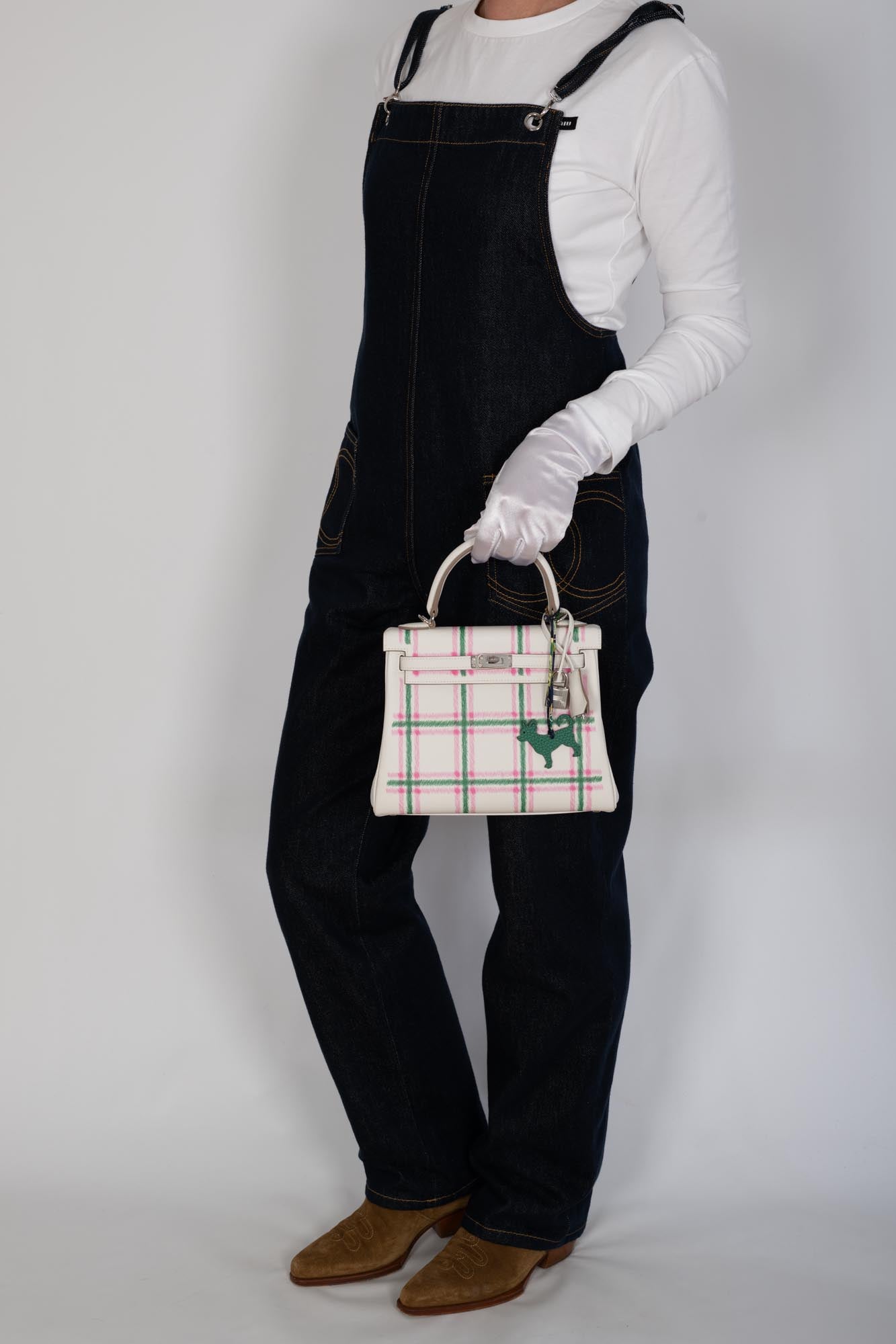Hermès Kelly 25 Retourne “Tartan Light” Gris Pale, Vert Moyen, and Bubblegum Swift with Palladium Hardware