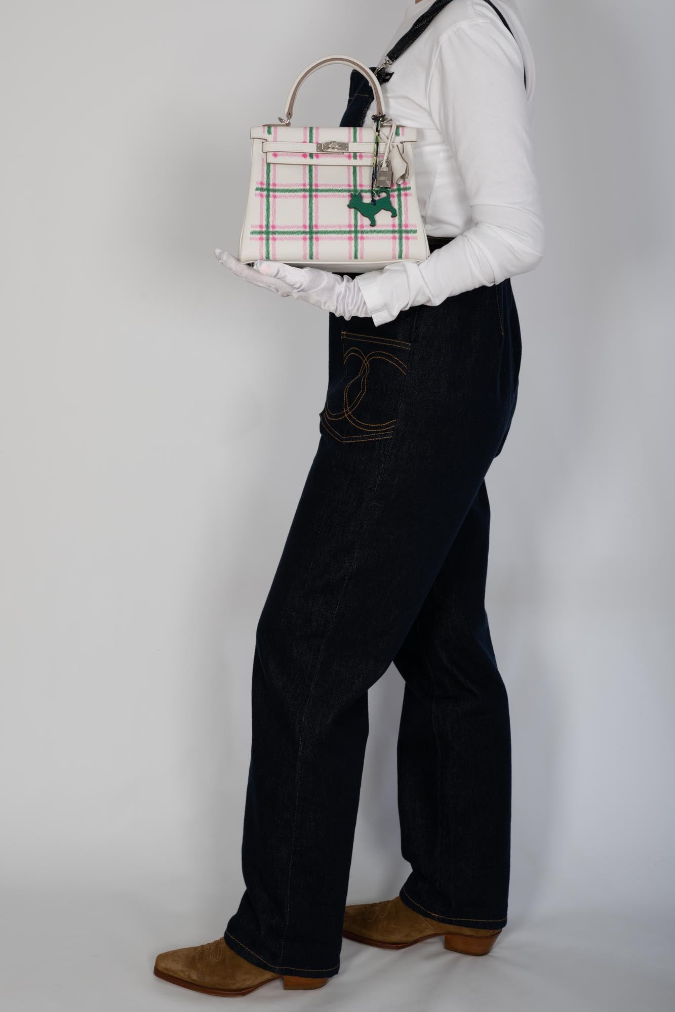 Hermès Kelly 25 Retourne “Tartan Light” Gris Pale, Vert Moyen, and Bubblegum Swift with Palladium Hardware