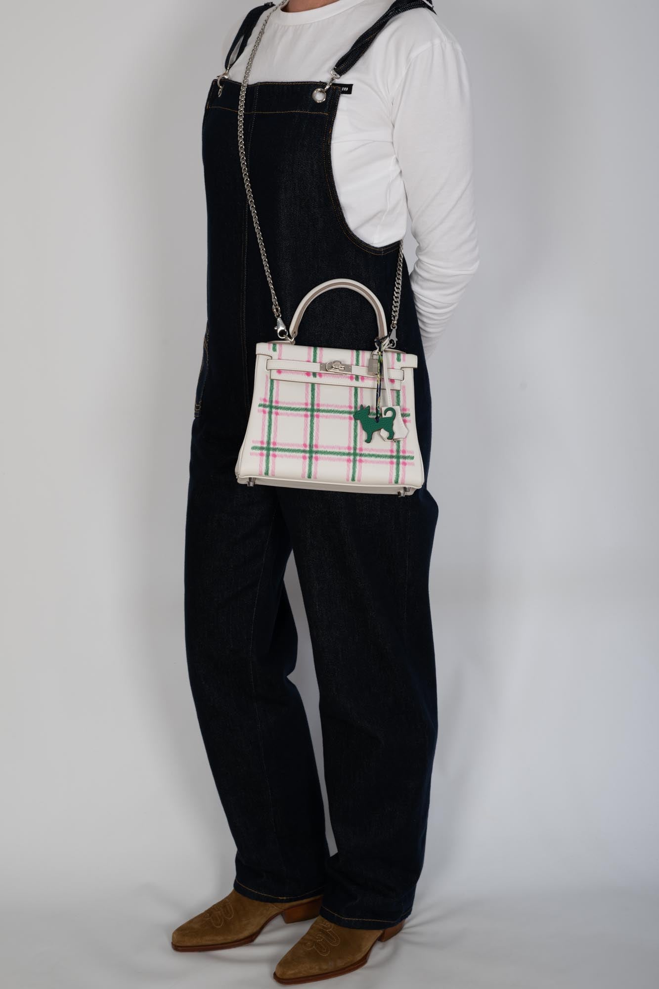 Hermès Kelly 25 Retourne “Tartan Light” Gris Pale, Vert Moyen, and Bubblegum Swift with Palladium Hardware