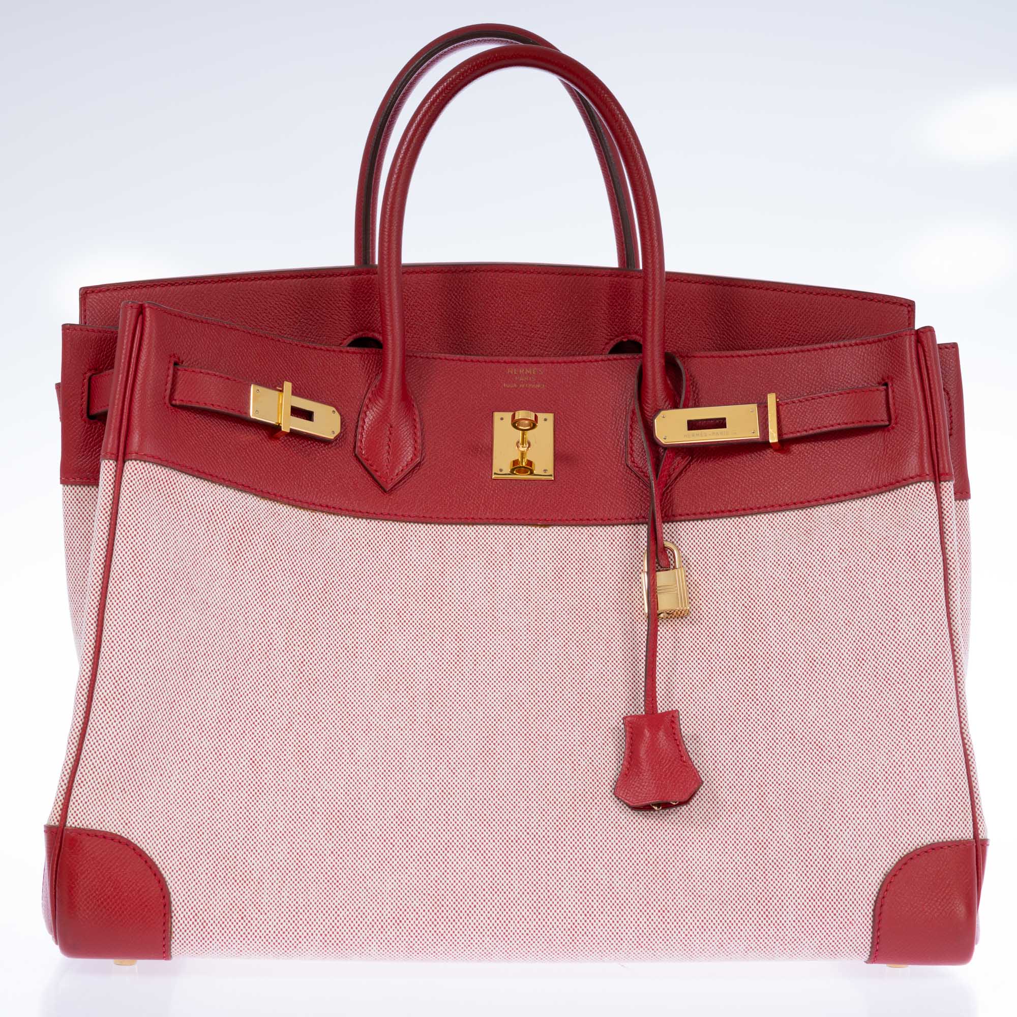 Hermès Birkin 40 Rouge Vif Toile and Courchevel with Gold Hardware