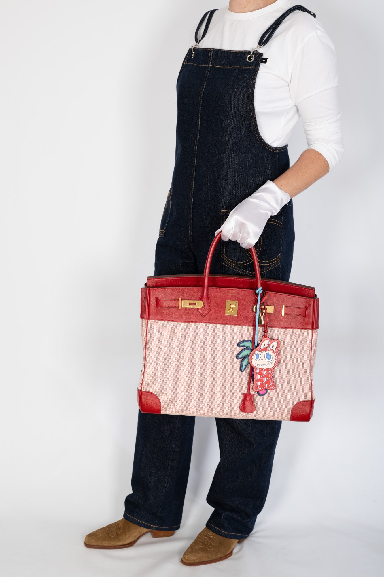 Hermès Birkin 40 Rouge Vif Toile and Courchevel with Gold Hardware