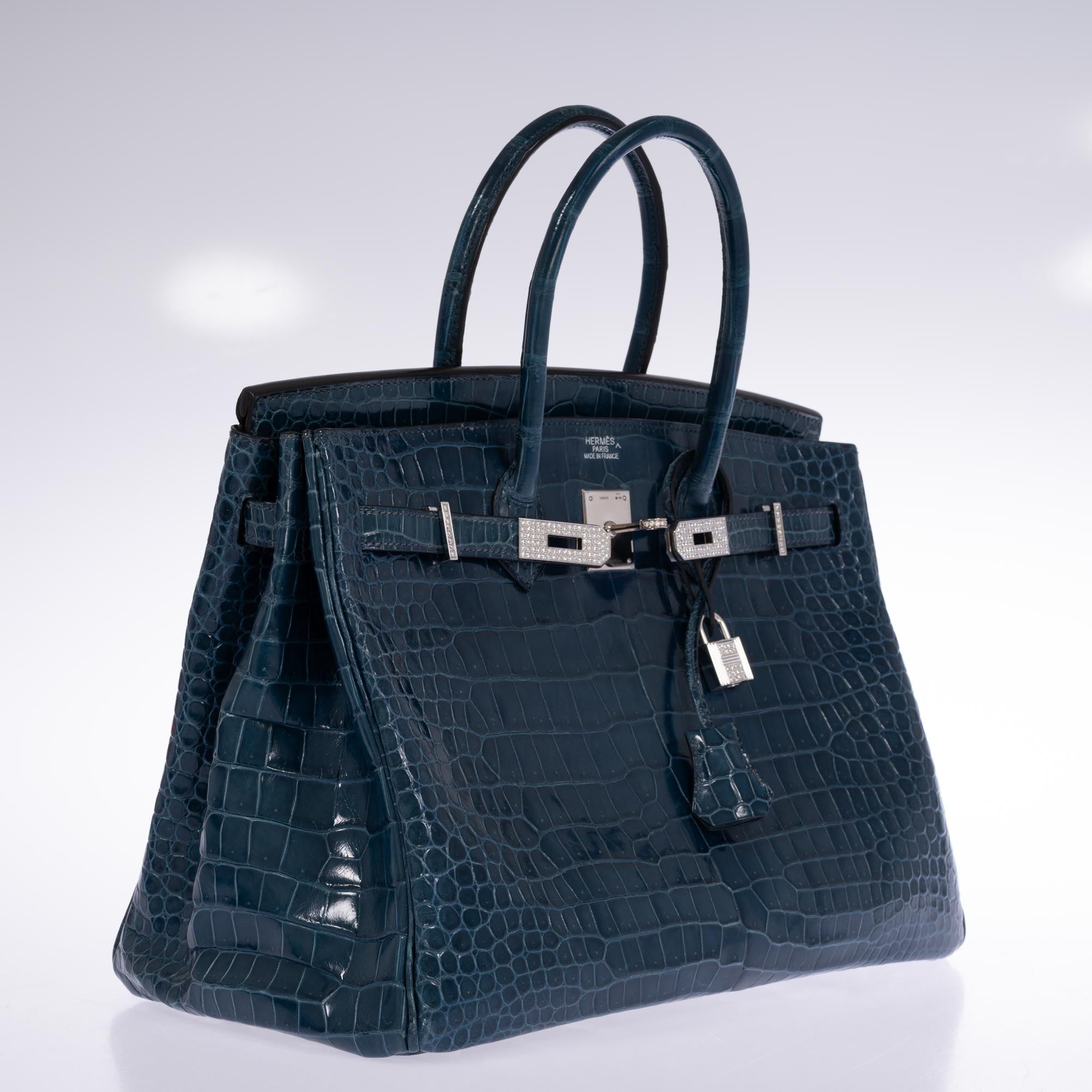 Hermès Birkin 35 Bleu Roi Shiny Porosus Crocodile 18K White Gold Diamond Hardware