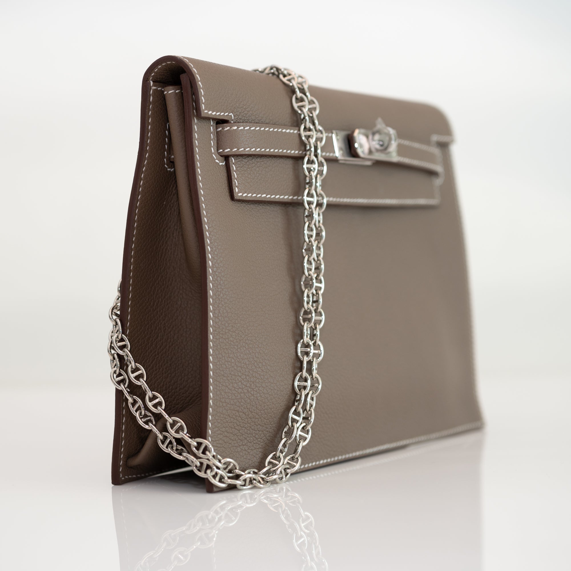 Hermès Kelly Danse II Verso Etoupe / Vert Foncé Evercolor Palladium Hardware