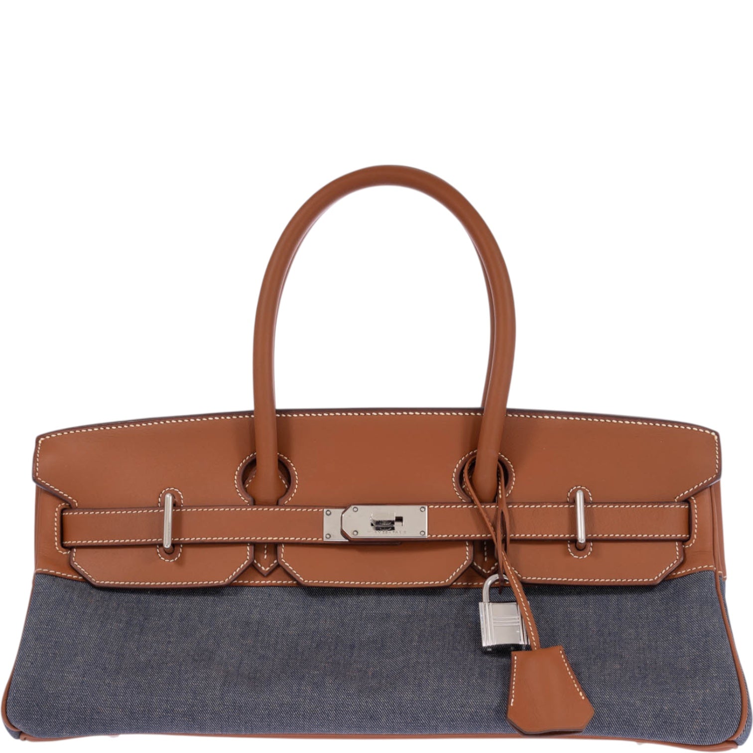 Hermès Shoulder Birkin 42 JPG Fauve Barenia and Dark Blue Denim Palladium Hardware