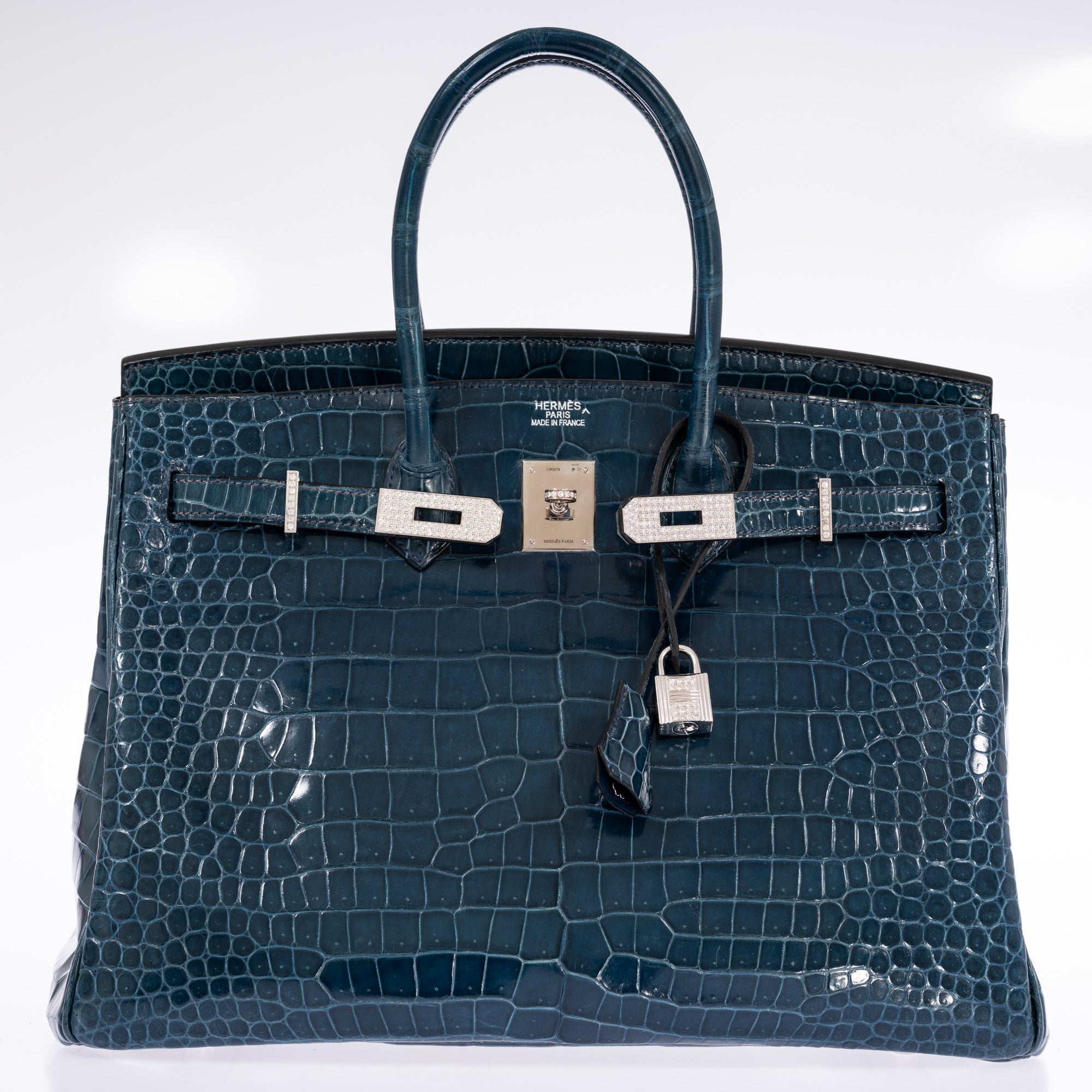 Hermès Birkin 35 Bleu Roi Shiny Porosus Crocodile 18K White Gold Diamond Hardware
