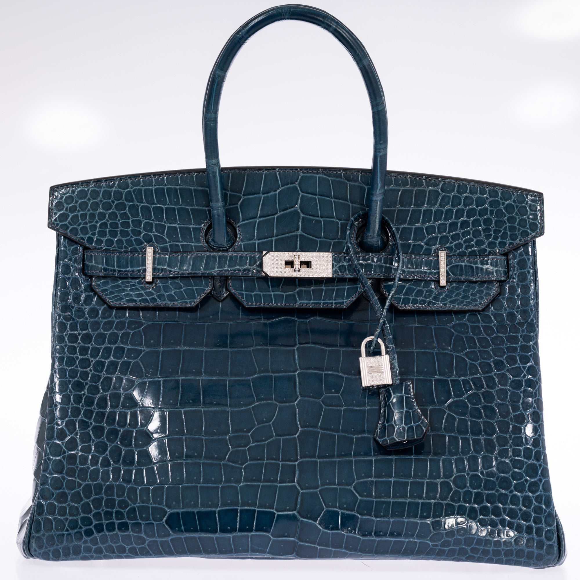 Hermès Birkin 35 Bleu Roi Shiny Porosus Crocodile 18K White Gold Diamond Hardware