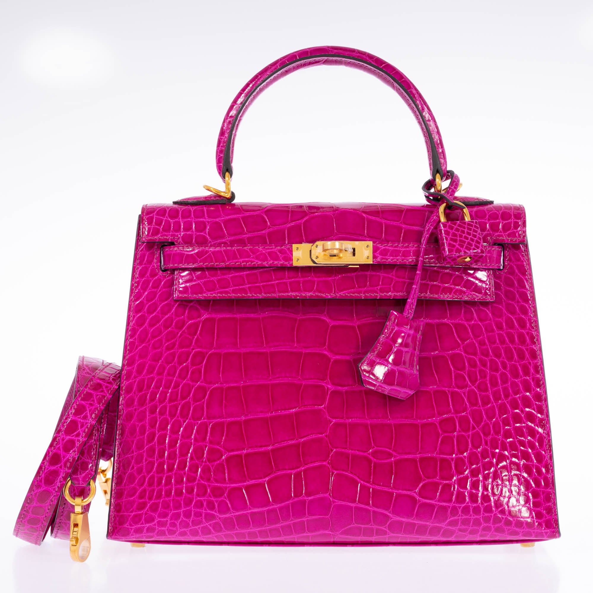 Hermès Kelly 25 Sellier Rose Pourpre Shiny Niloticus Crocodile Gold Hardware