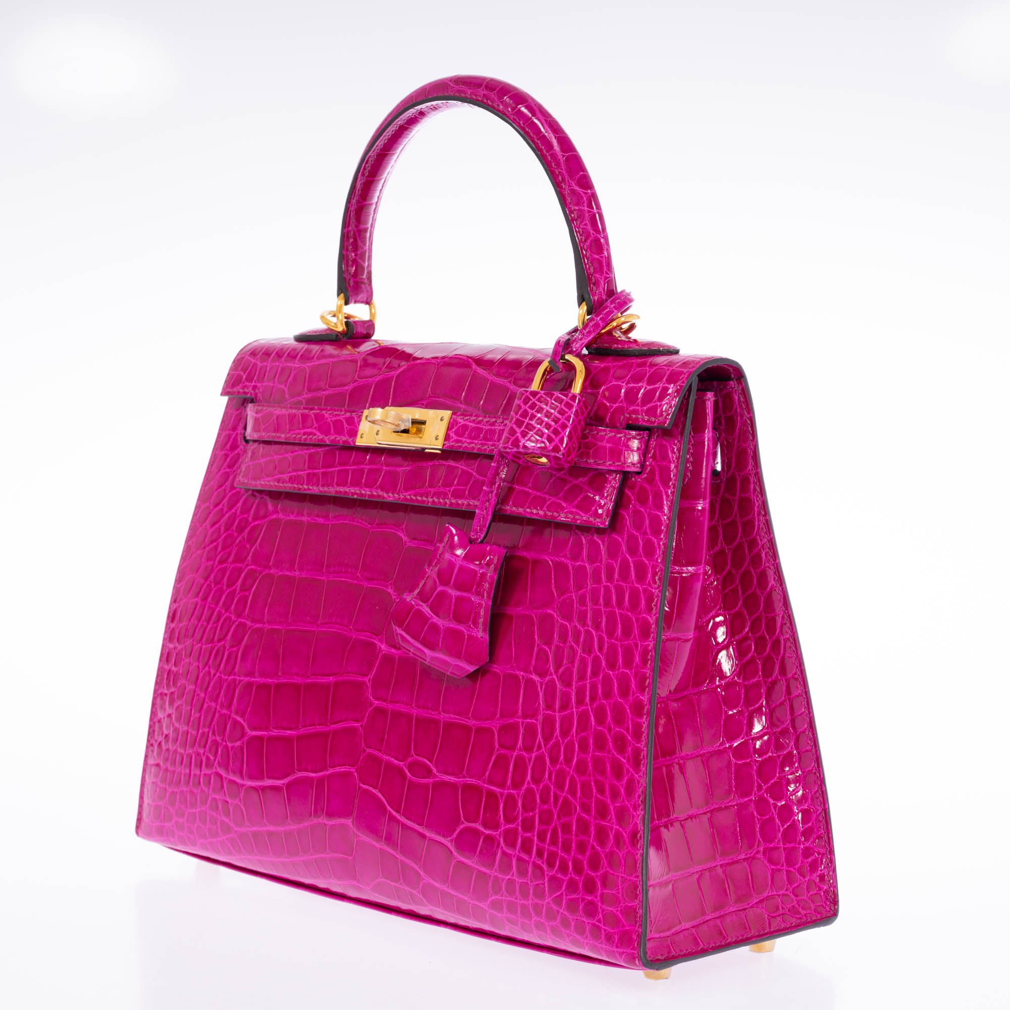 Hermès Kelly 25 Sellier Rose Pourpre Shiny Niloticus Crocodile Gold Hardware