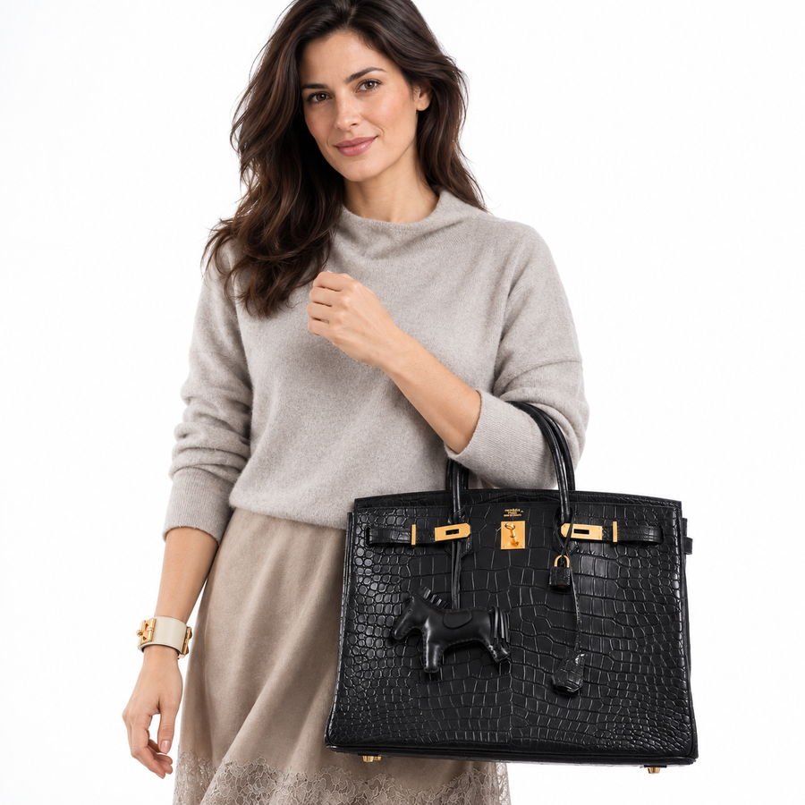 Hermès Birkin 40 Black Matte Porosus Crocodile Gold Hardware carried by an adult model in a white studio