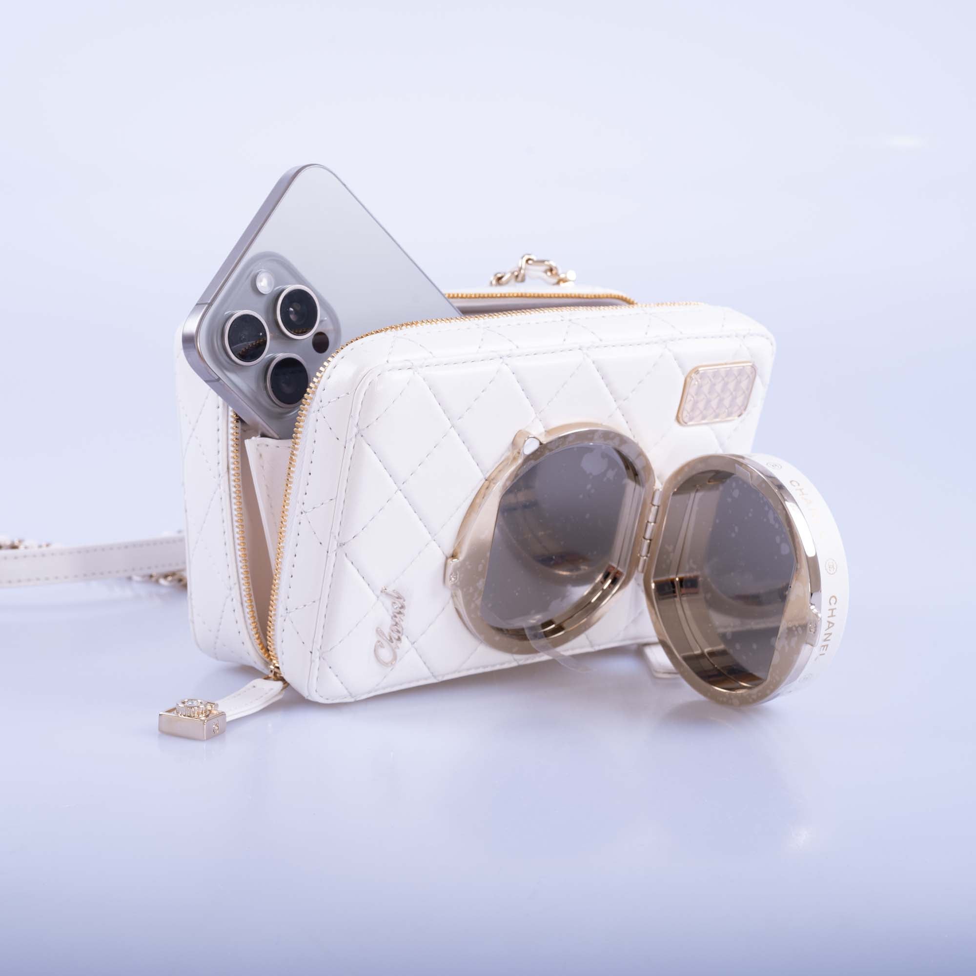 24S Chanel Collectible Runway Camera White Mirror Crossbody Bag
