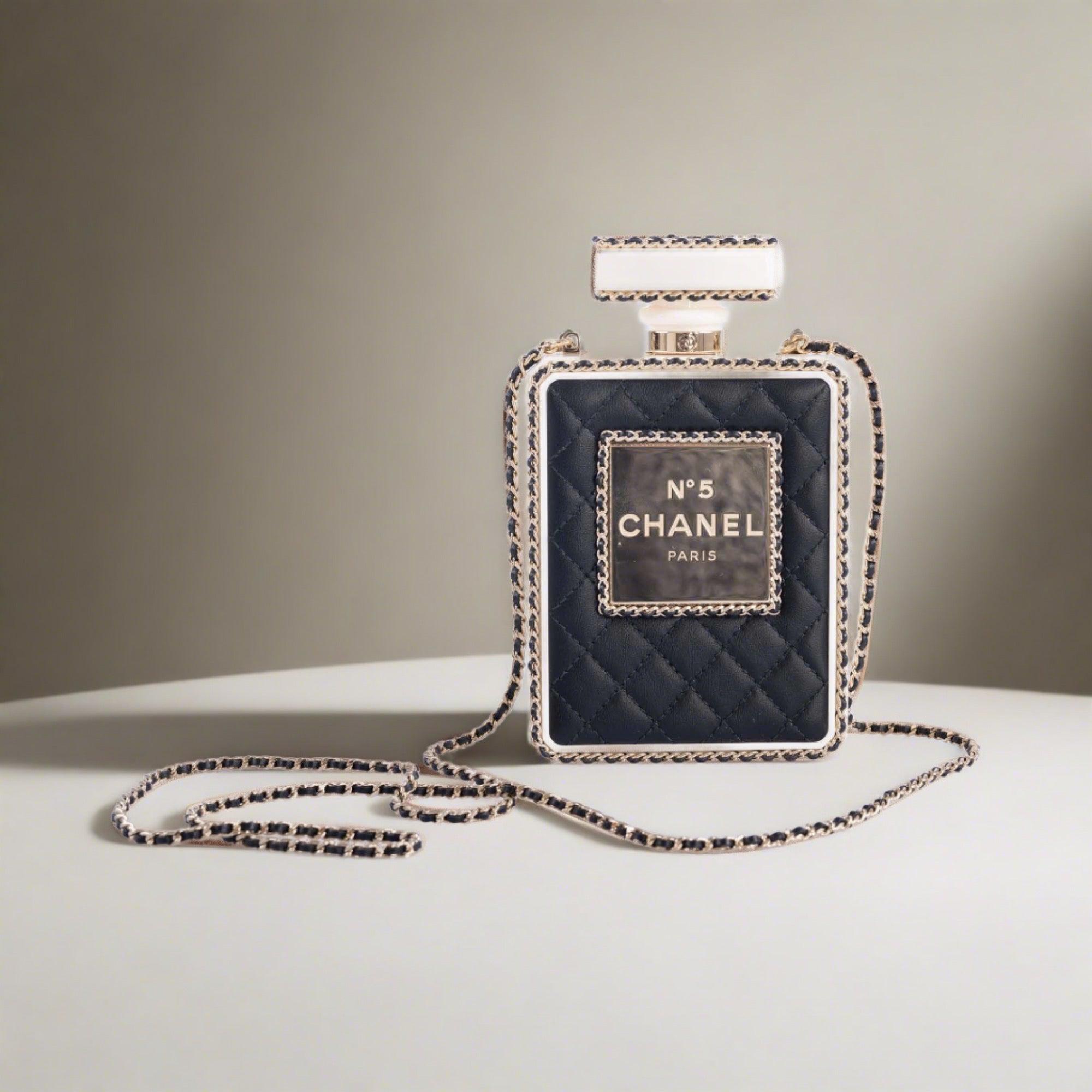 CHANEL Black Quilted Leather and White Perspex Perfume Bottle Minaudiere Gold Hardware