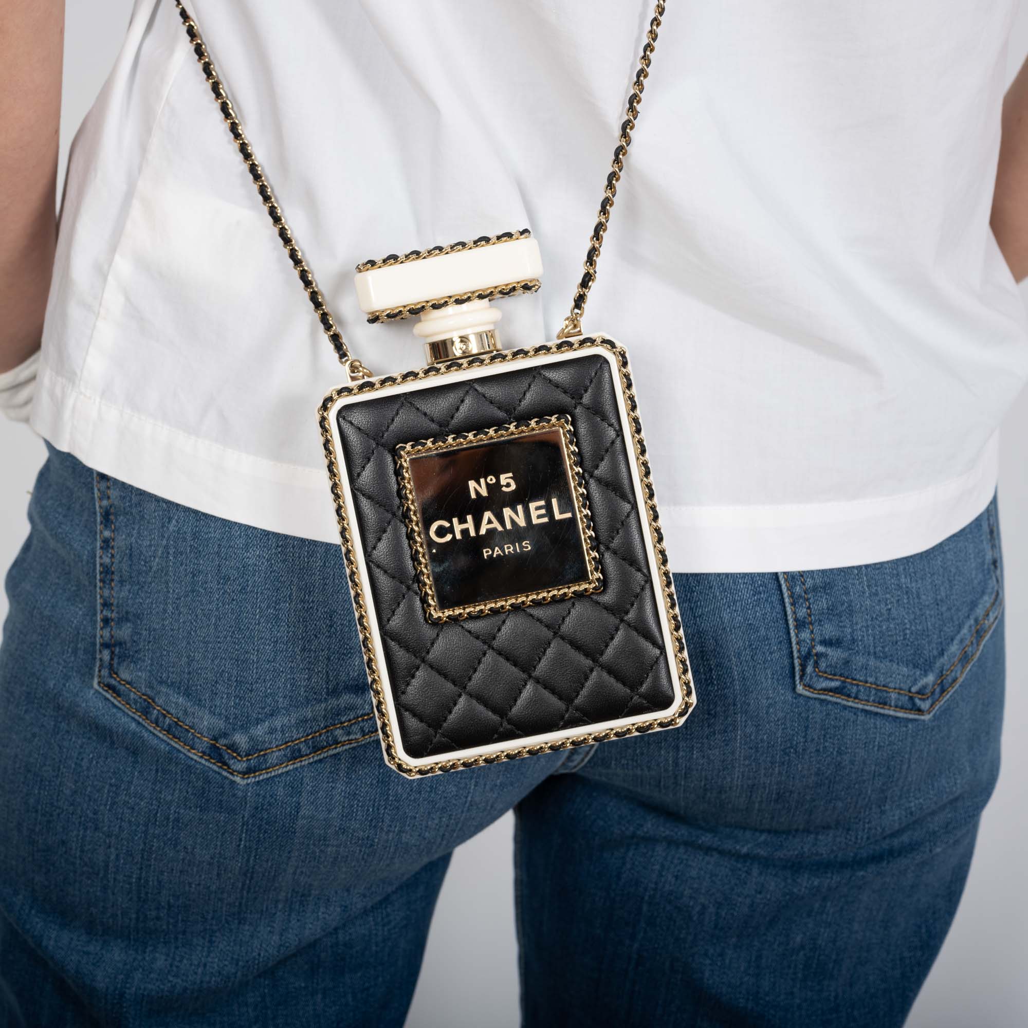 CHANEL Black Quilted Leather and White Perspex Perfume Bottle Minaudiere Gold Hardware