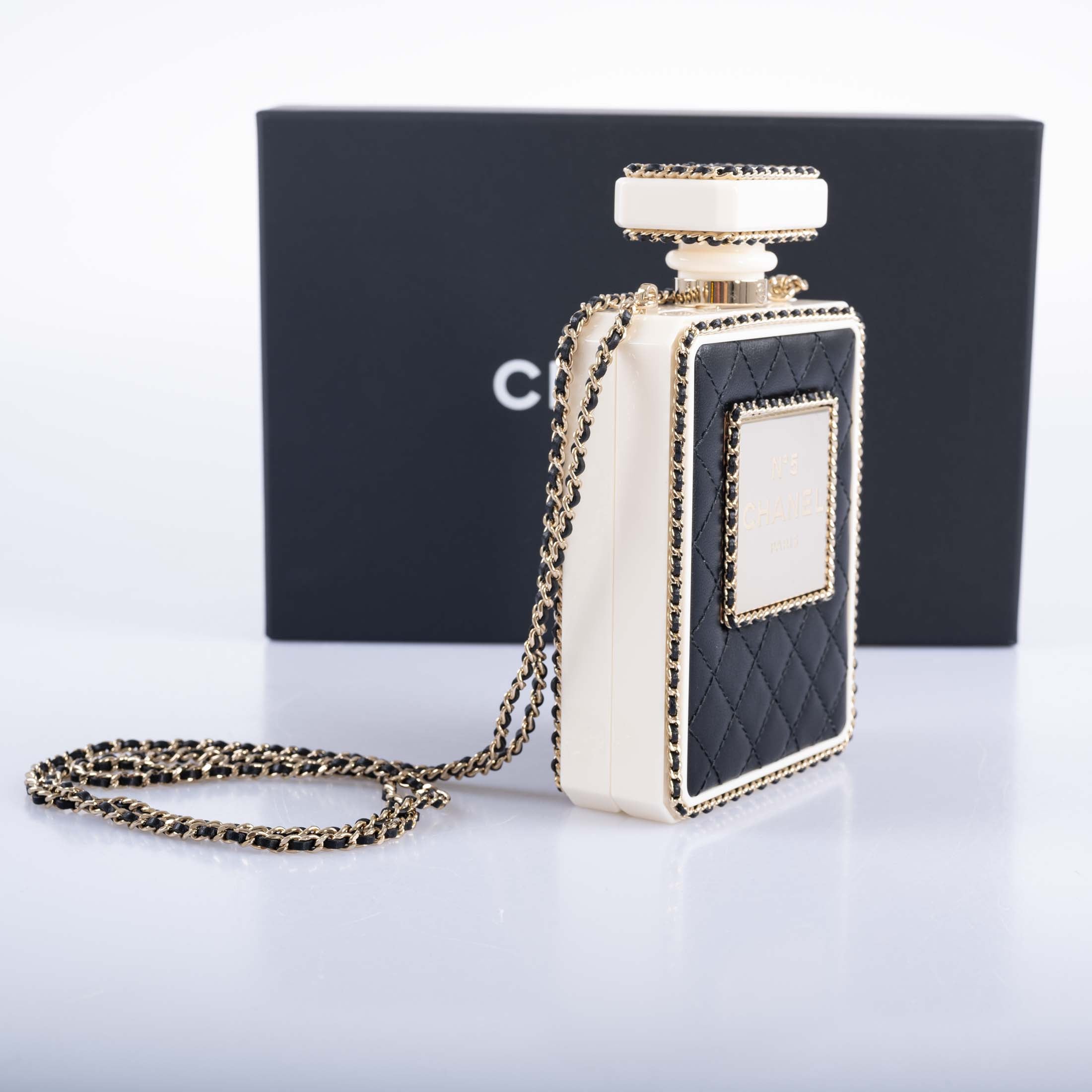 CHANEL Black Quilted Leather and White Perspex Perfume Bottle Minaudiere Gold Hardware