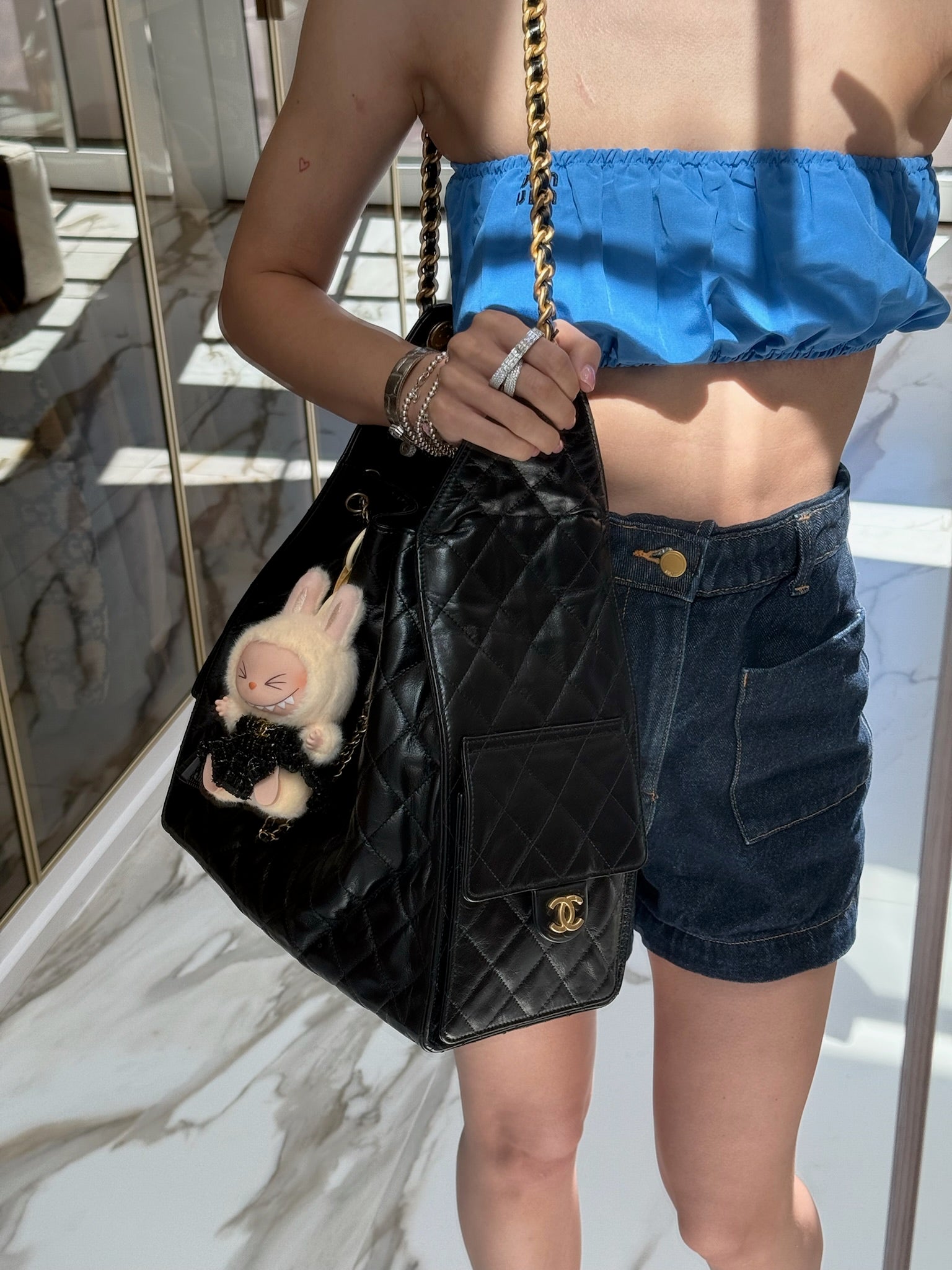 Chanel 25 Medium Handbag Black Shiny Crumpled Calfskin Gold-Tone & Ruthenium-Finish Hardware