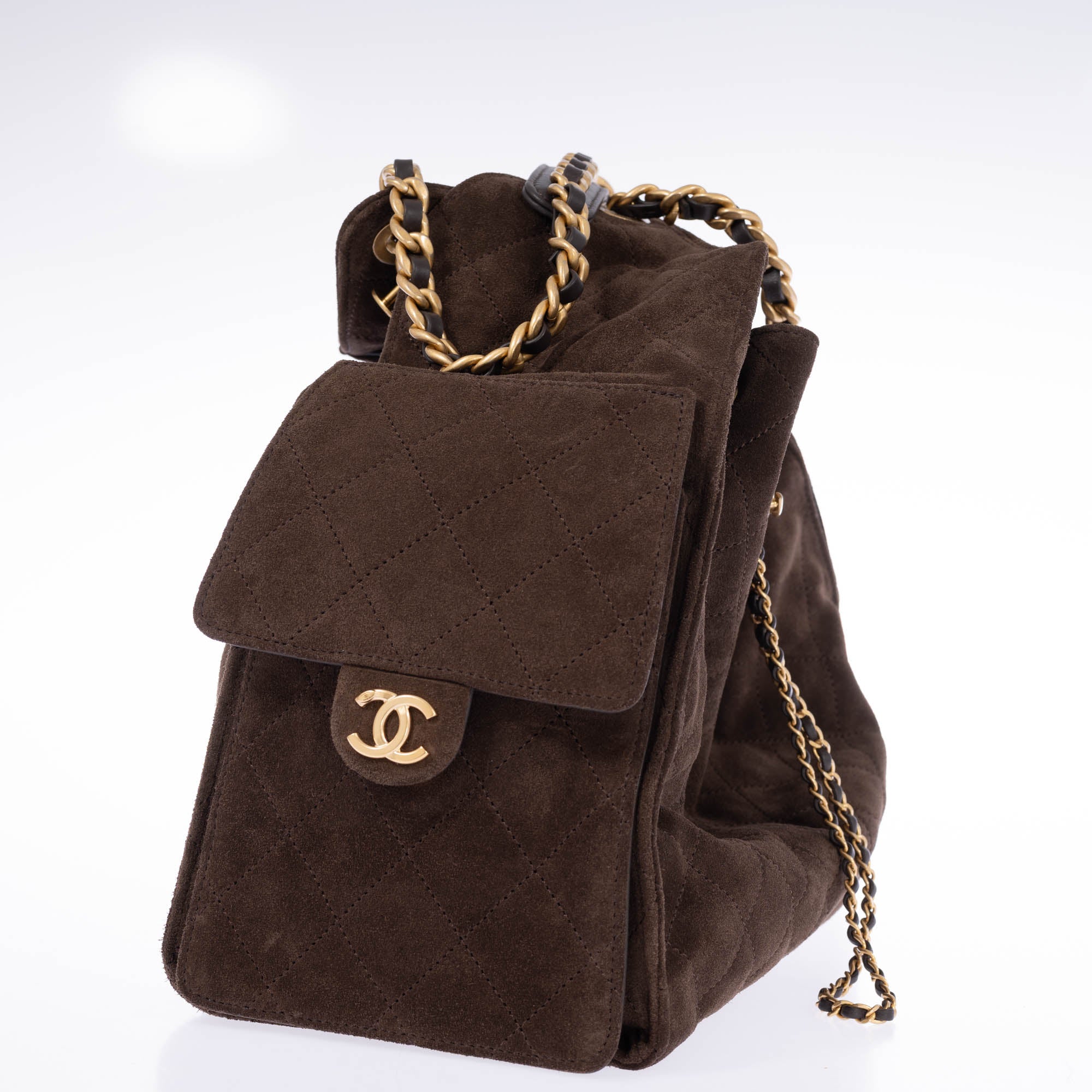 Chanel 25 Medium Handbag Dark Brown Quilted Suede Gold Hardware