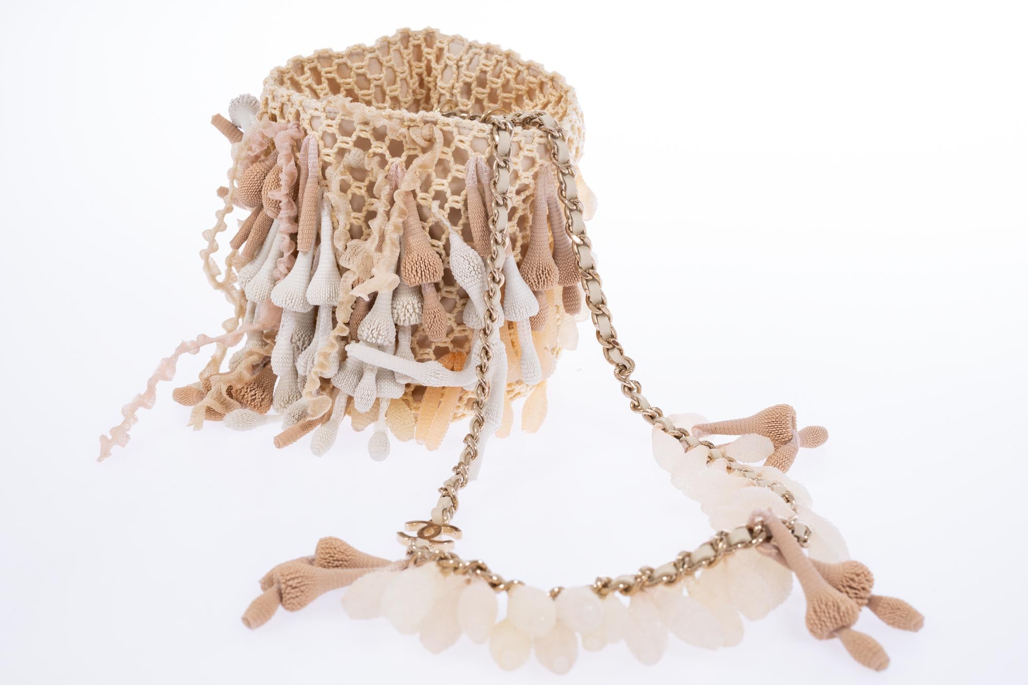 Chanel Beige Crochet & Rubber Coral Seashell Mini Bucket Bag Gold Hardware
