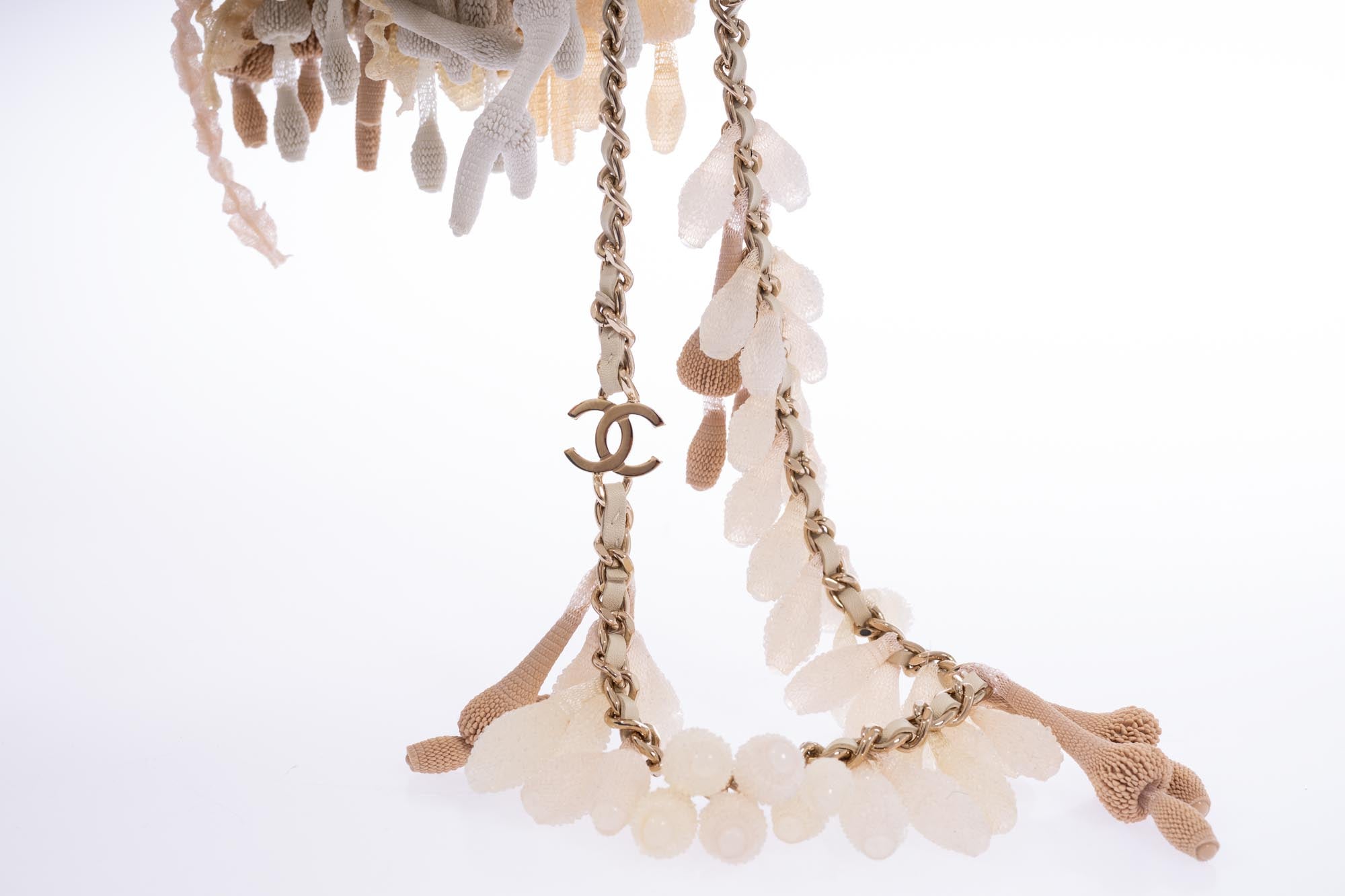 Chanel Beige Crochet & Rubber Coral Seashell Mini Bucket Bag Gold Hardware