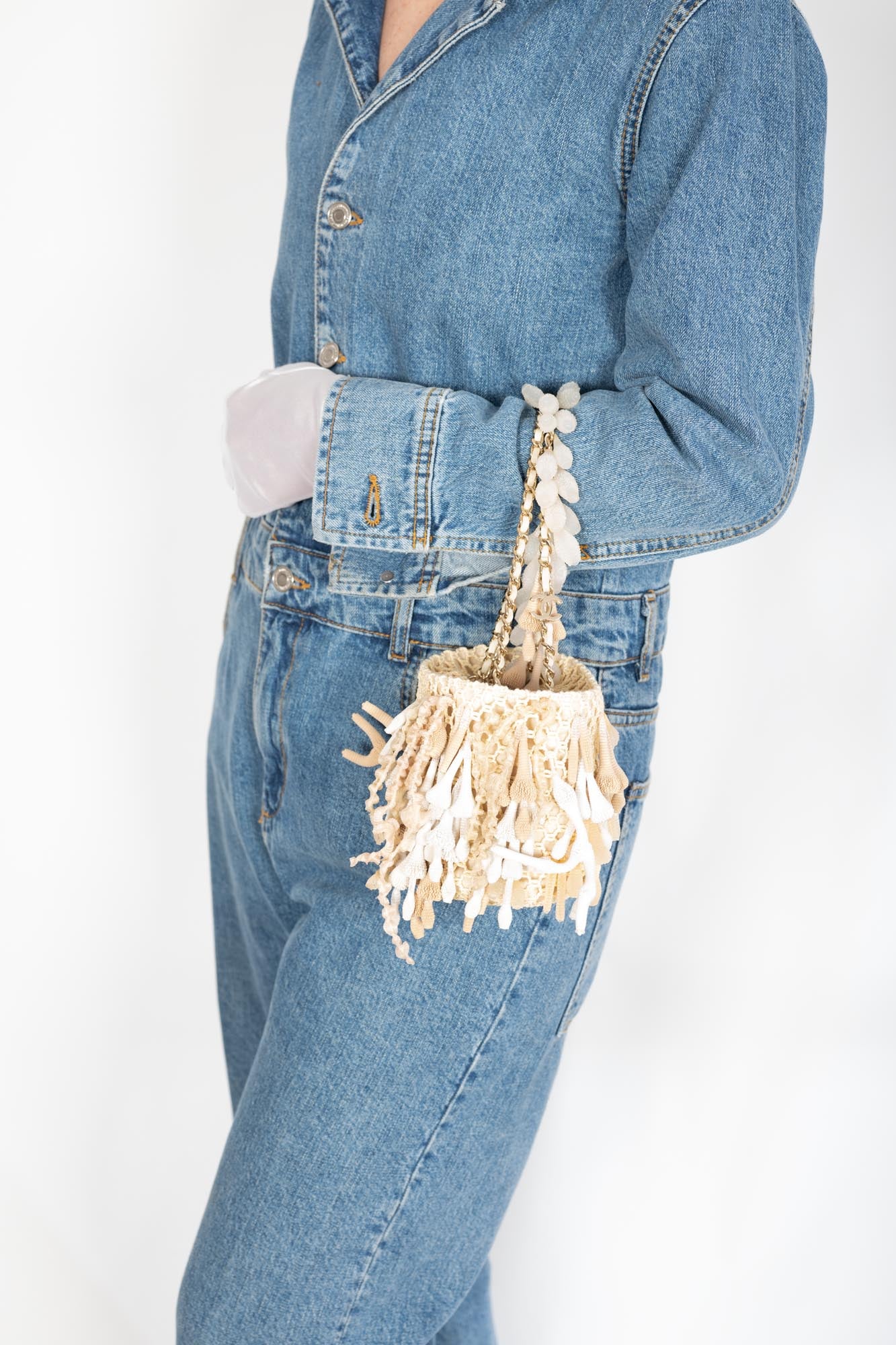 Chanel Beige Crochet & Rubber Coral Seashell Mini Bucket Bag Gold Hardware