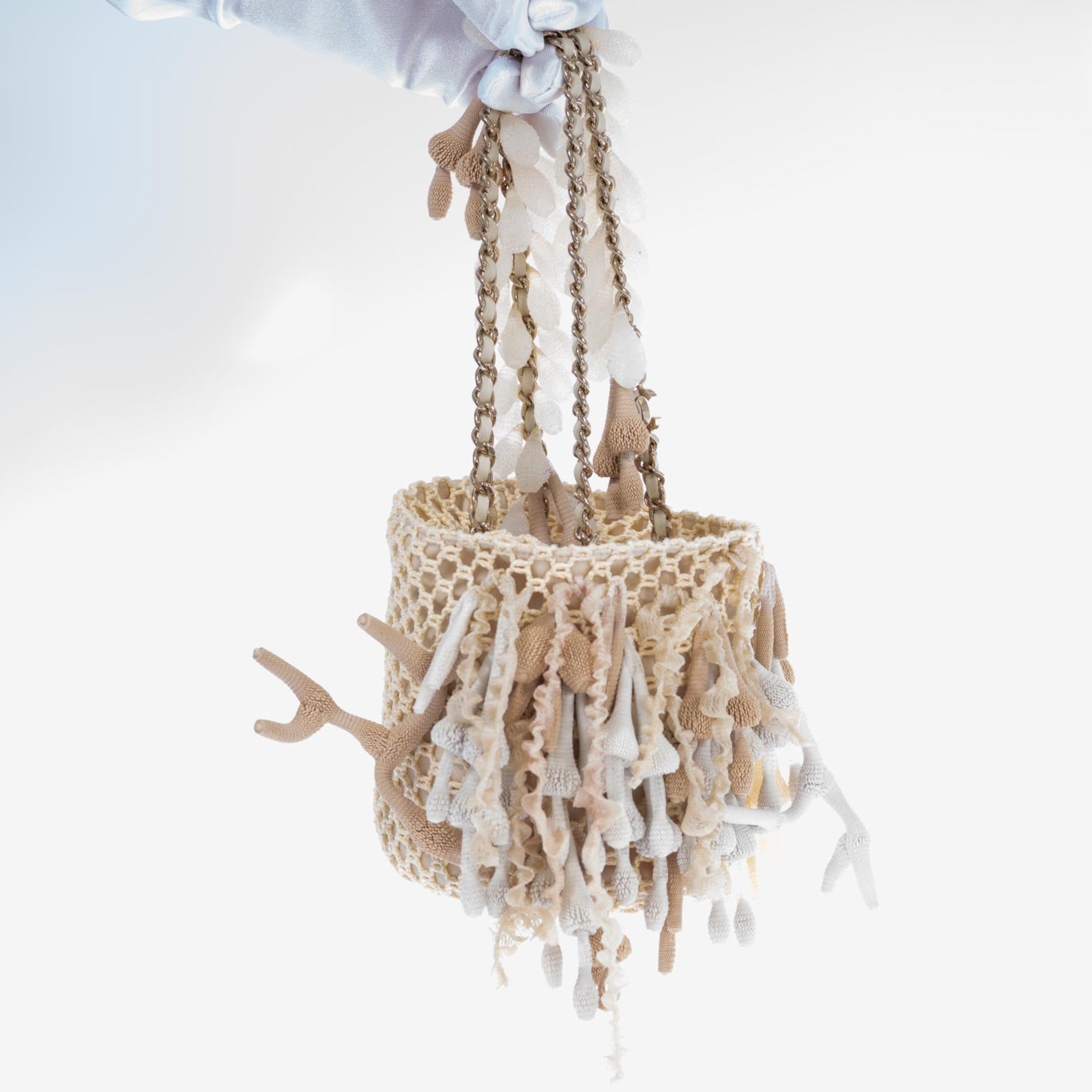 Chanel Beige Crochet & Rubber Coral Seashell Mini Bucket Bag Gold Hardware