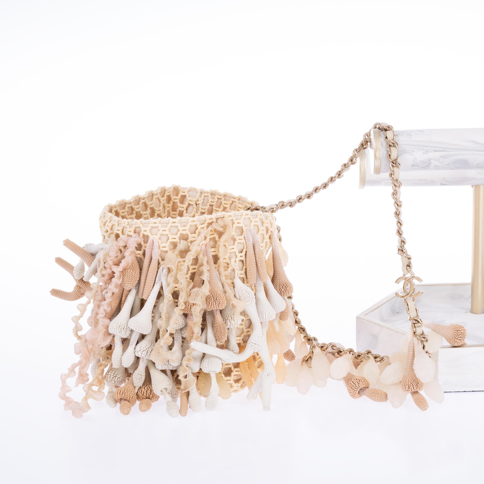 Chanel Beige Crochet & Rubber Coral Seashell Mini Bucket Bag Gold Hardware