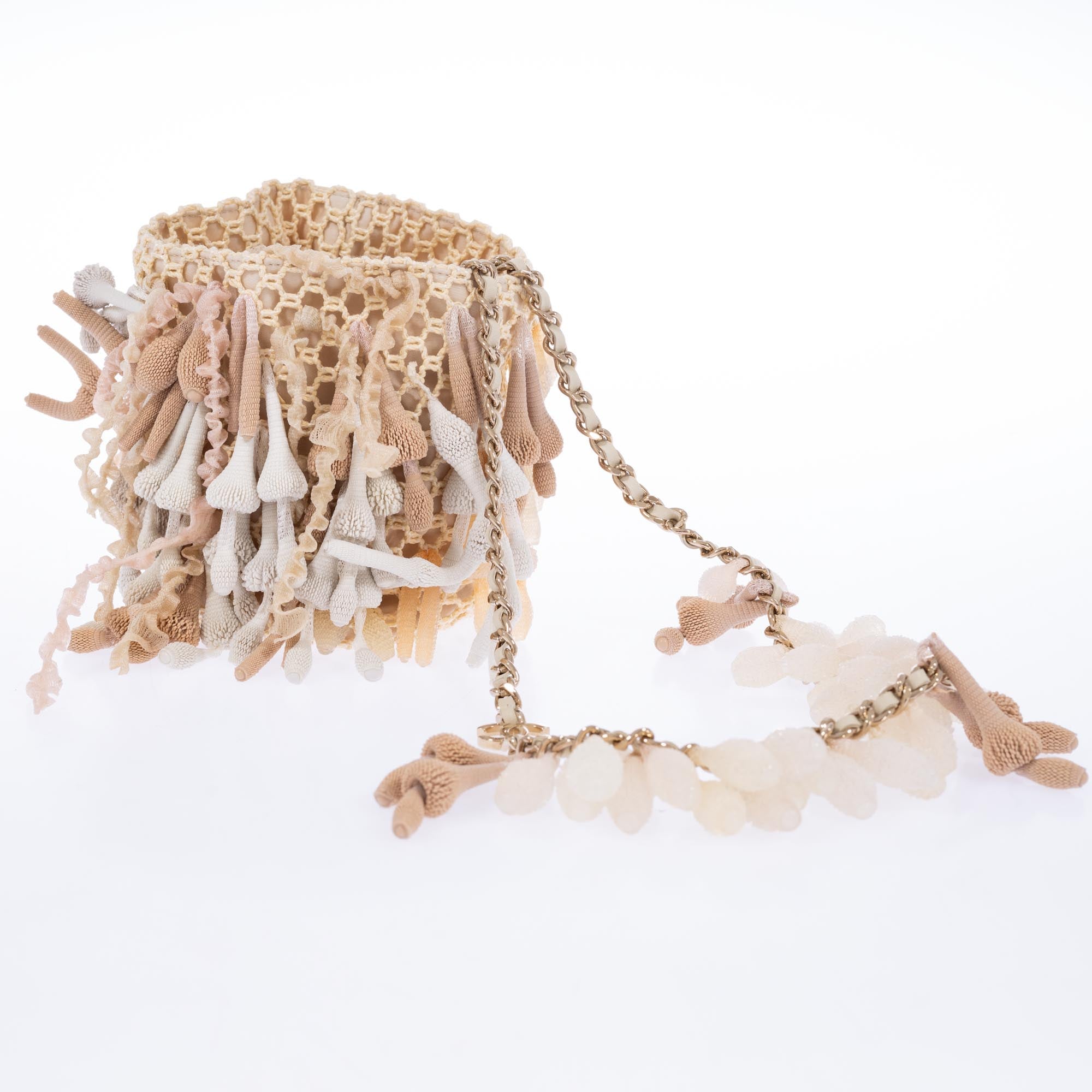 Chanel Beige Crochet & Rubber Coral Seashell Mini Bucket Bag Gold Hardware