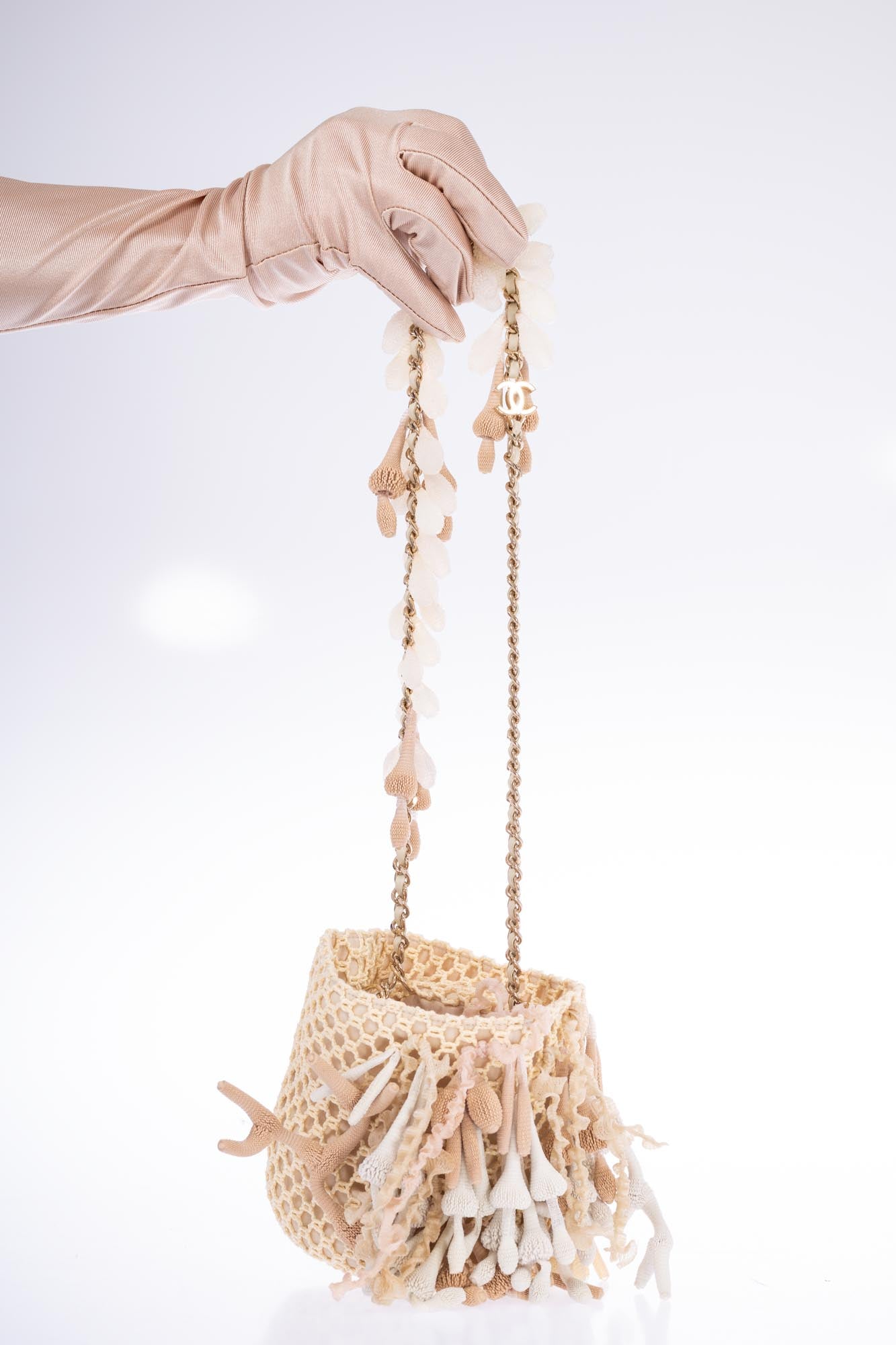 Chanel Beige Crochet & Rubber Coral Seashell Mini Bucket Bag Gold Hardware
