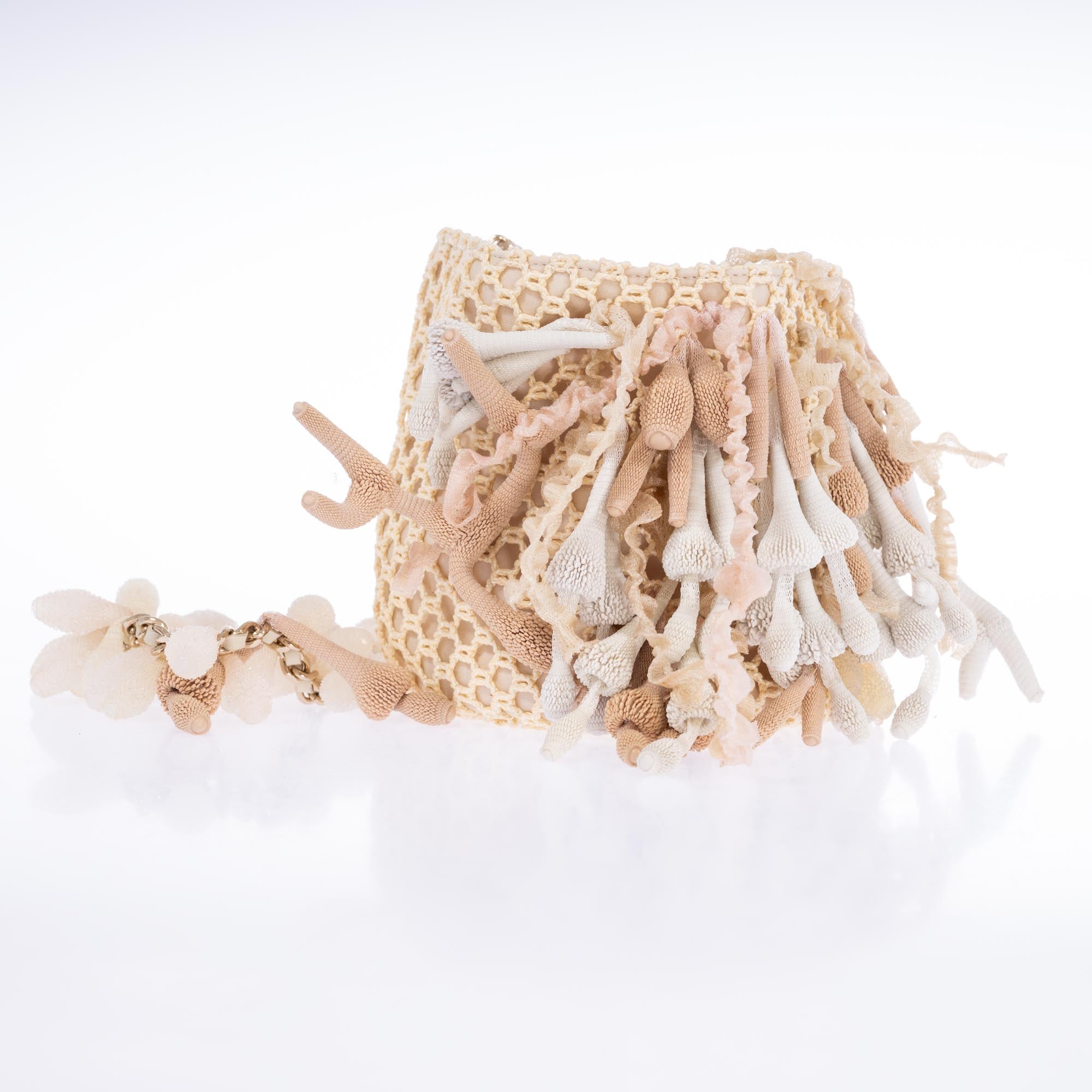 Chanel Beige Crochet & Rubber Coral Seashell Mini Bucket Bag Gold Hardware