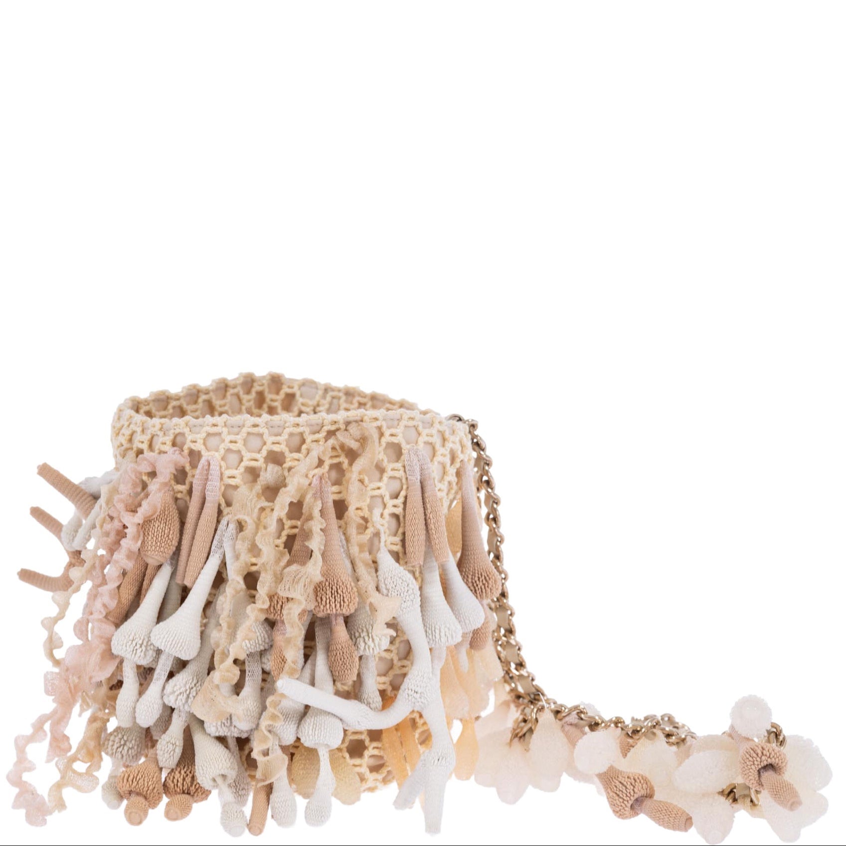 Chanel Beige Crochet & Rubber Coral Seashell Mini Bucket Bag Gold Hardware