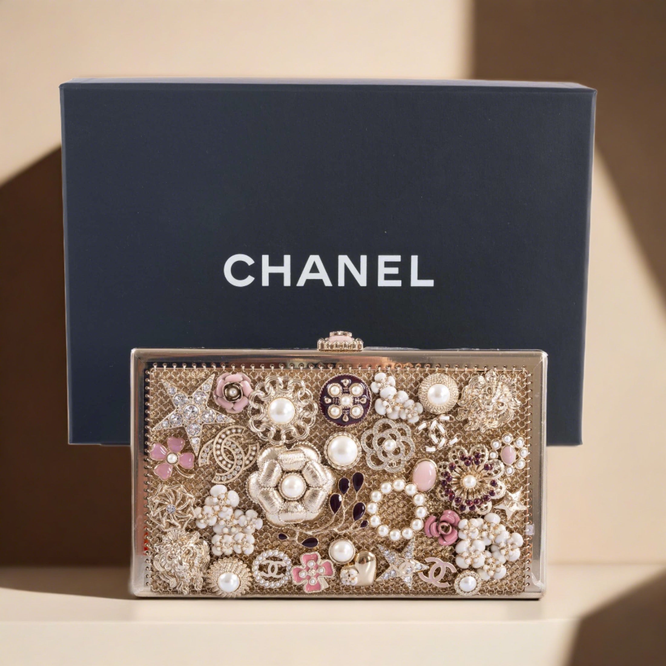 Chanel CC Camellia Charm Bag Pearls and Pink Enamel with Gold Hardware