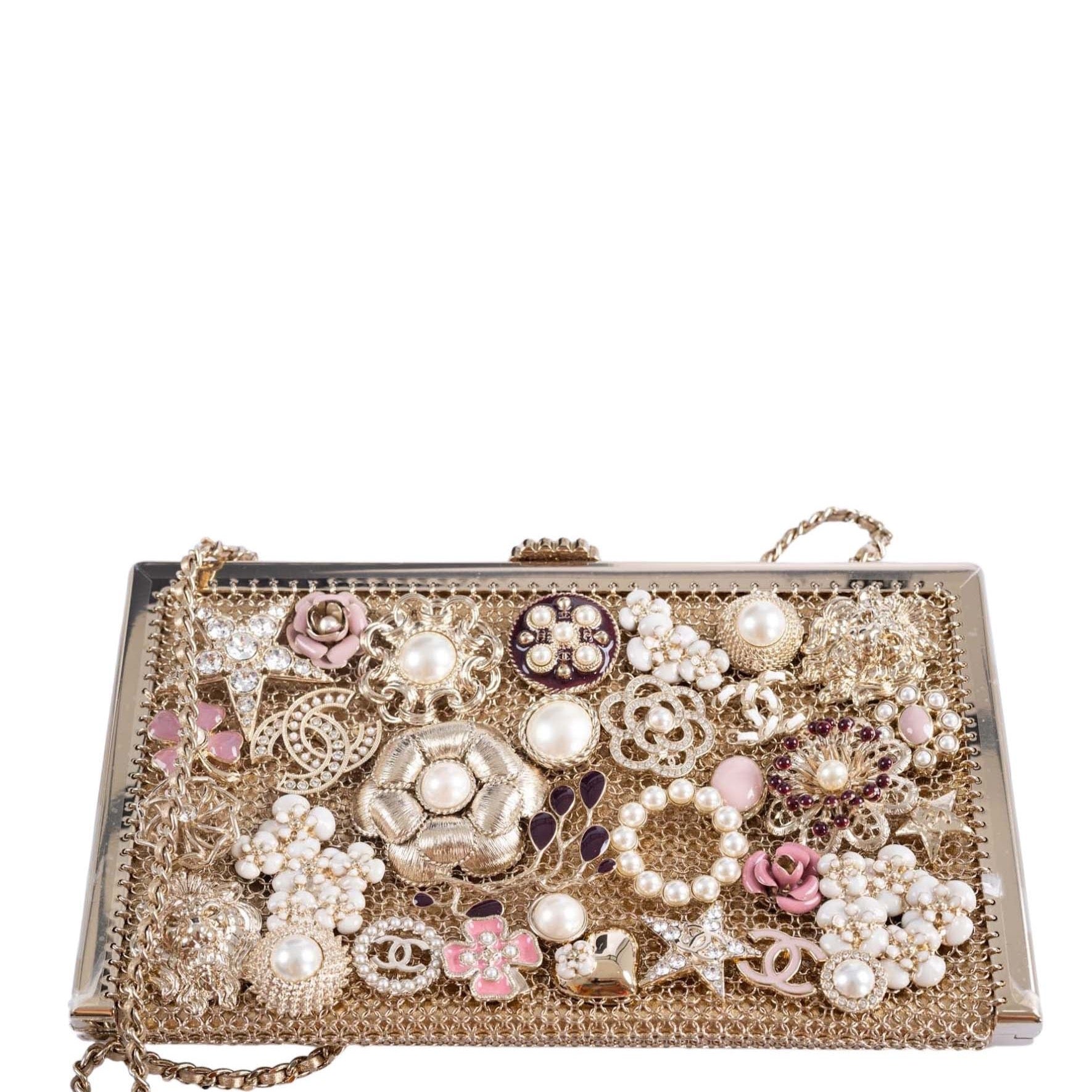 Chanel Camellia Charms Minaudière Gold Metal Pearl and Enamel Gold Hardware