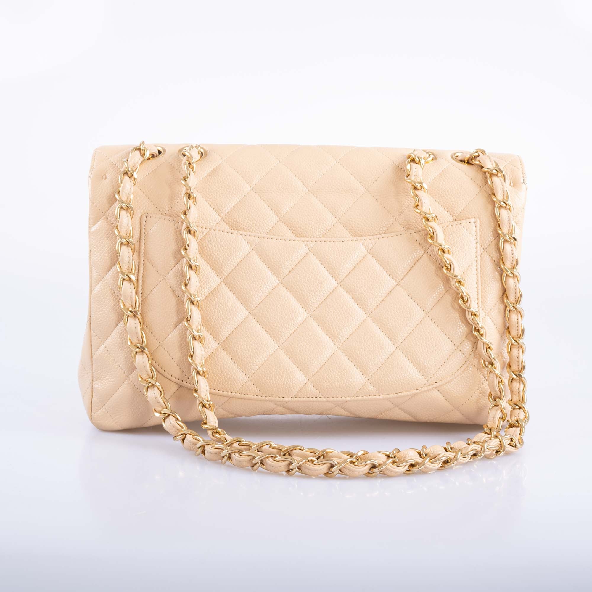 Chanel Classic Jumbo Single Flap Beige Quilted Caviar Gold Hardware