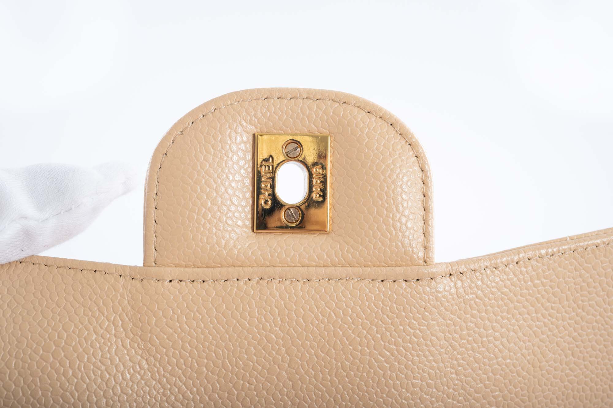Chanel Classic Jumbo Single Flap Beige Quilted Caviar Gold Hardware
