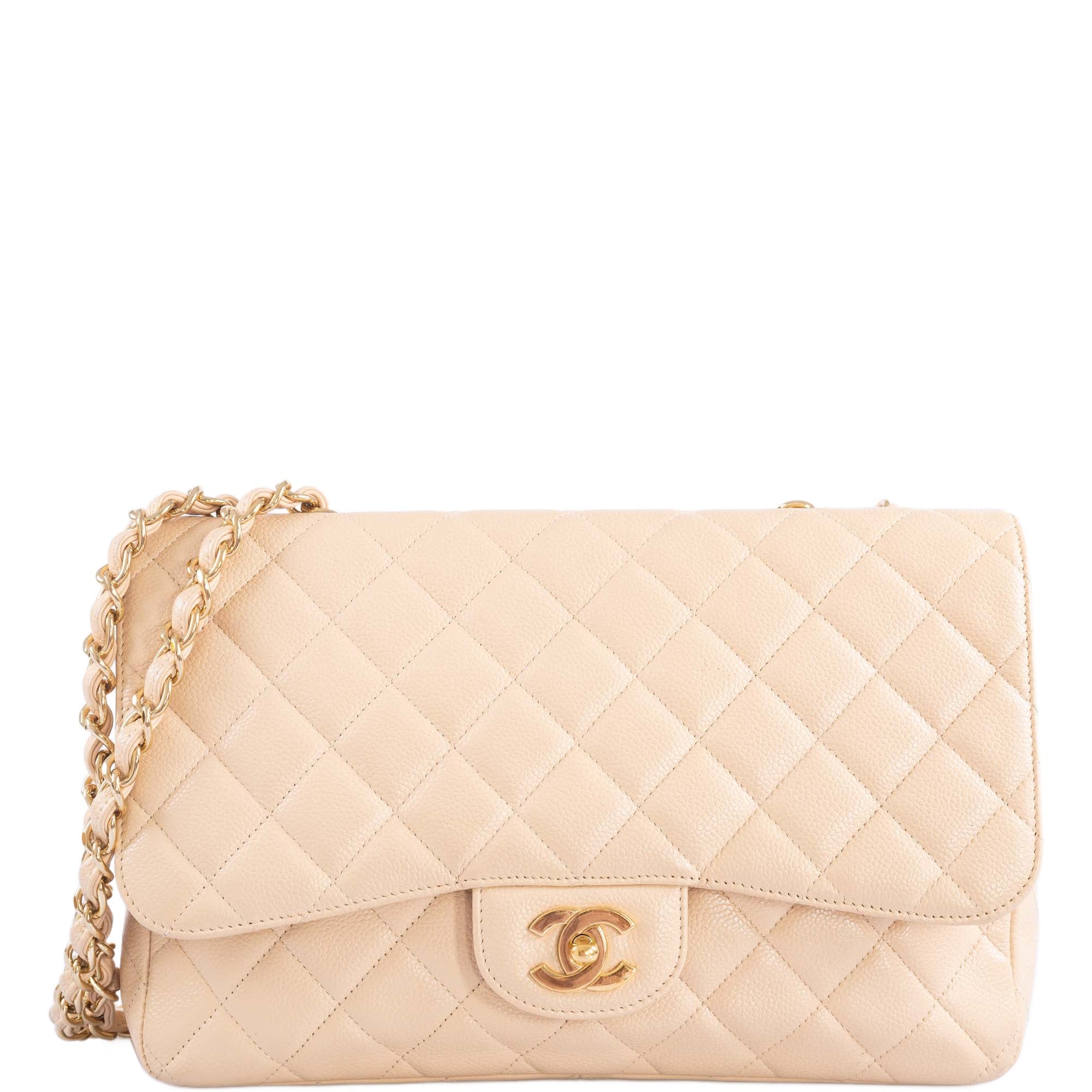 Chanel Classic Jumbo Single Flap Beige Quilted Caviar Gold Hardware