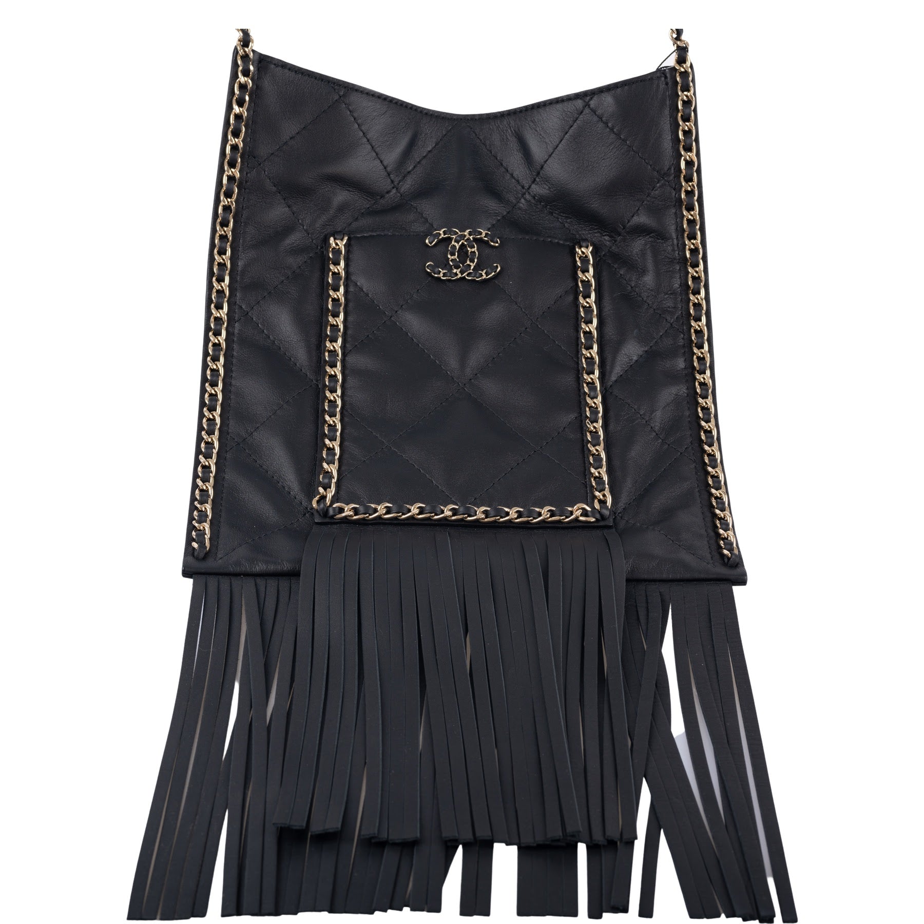 Chanel Fringe Crossbody Bag Black Quilted Lambskin Gold Hardware