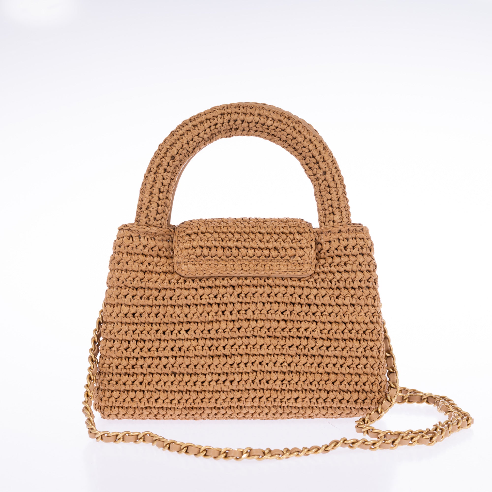 Chanel Kelly Shopping Bag Small Braided Raffia Dark Beige Gold Hardware