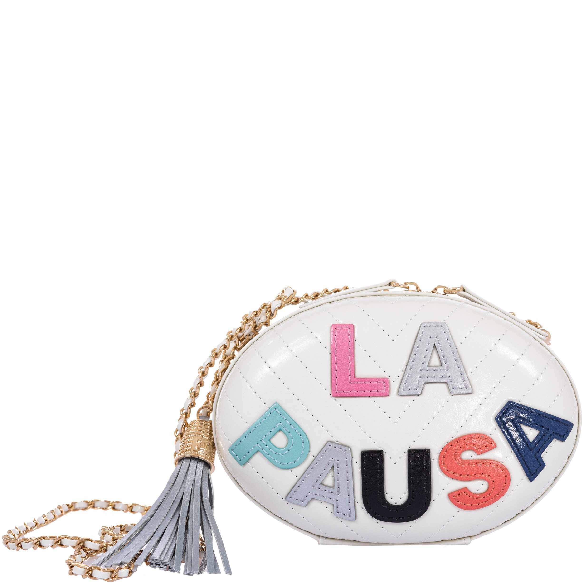 Chanel La Pausa Oval Evening Bag White Chevron Lambskin Multicolor Appliqué Gold Hardware