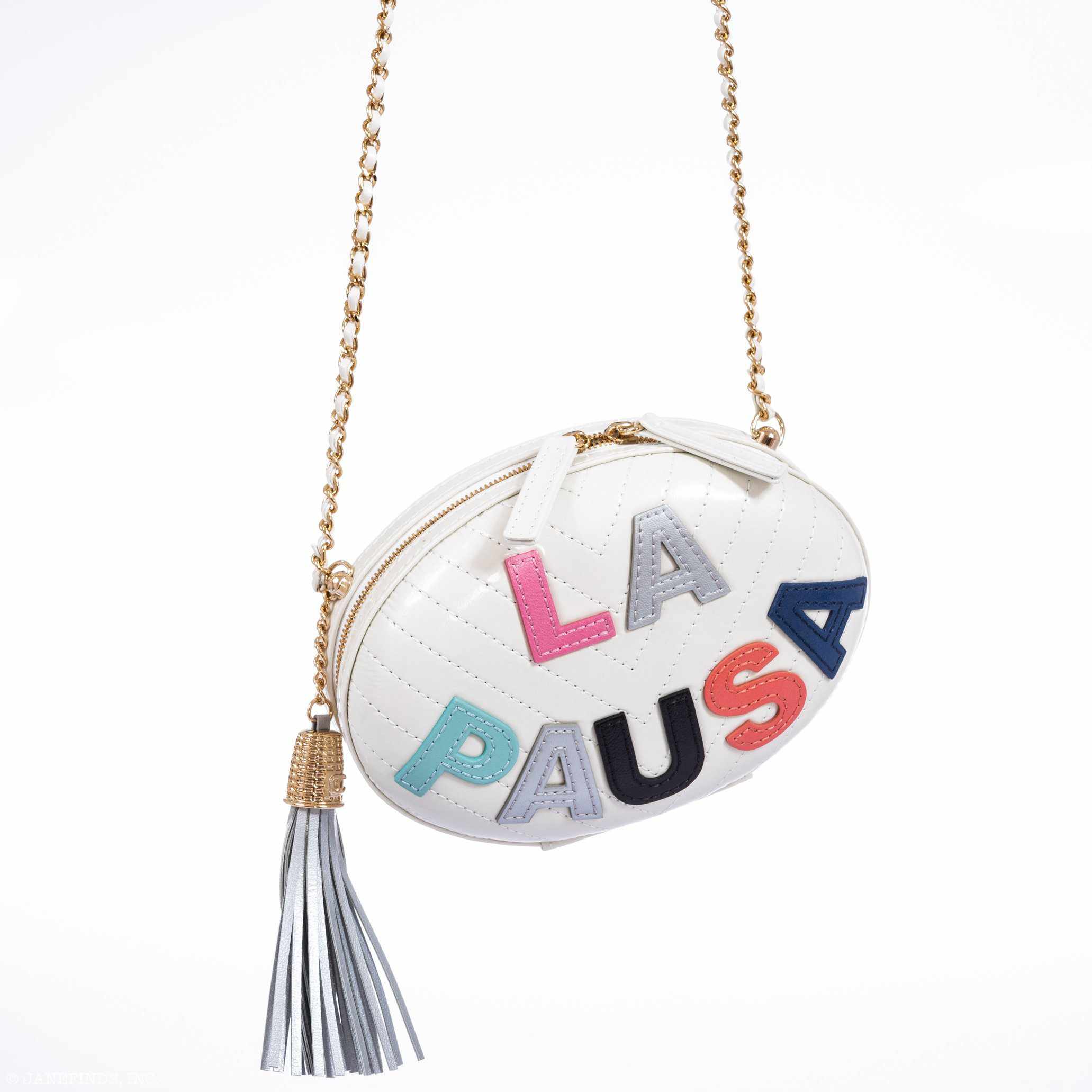 Chanel La Pausa Oval Evening Bag White Chevron Lambskin Multicolor Appliqué Gold Hardware