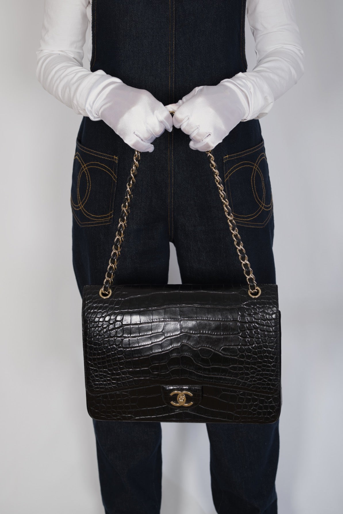 Chanel Maxi XL Shiny Alligator Double Flap Classic Shoulder Bag with Gold Hardware