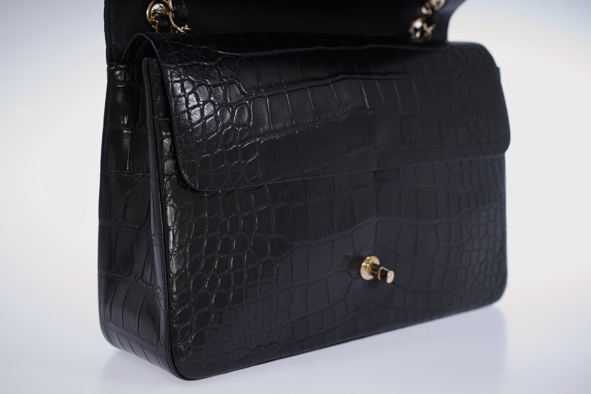 Chanel Maxi XL Shiny Alligator Double Flap Classic Shoulder Bag with Gold Hardware
