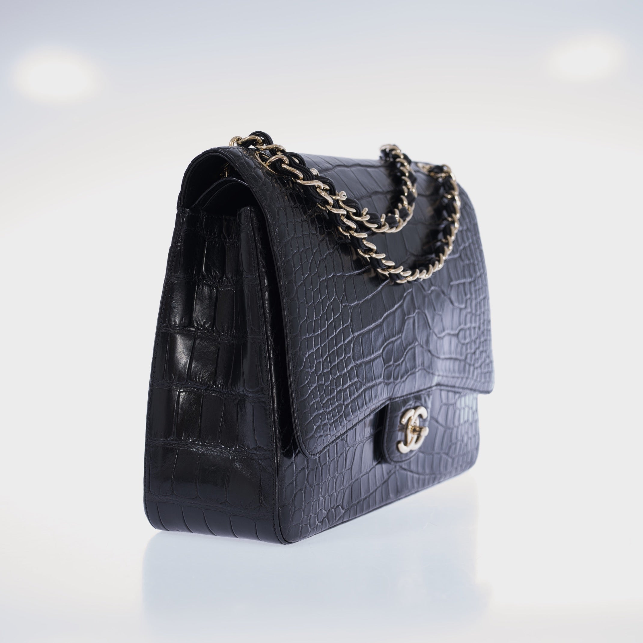 Chanel Maxi XL Shiny Alligator Double Flap Classic Shoulder Bag with Gold Hardware