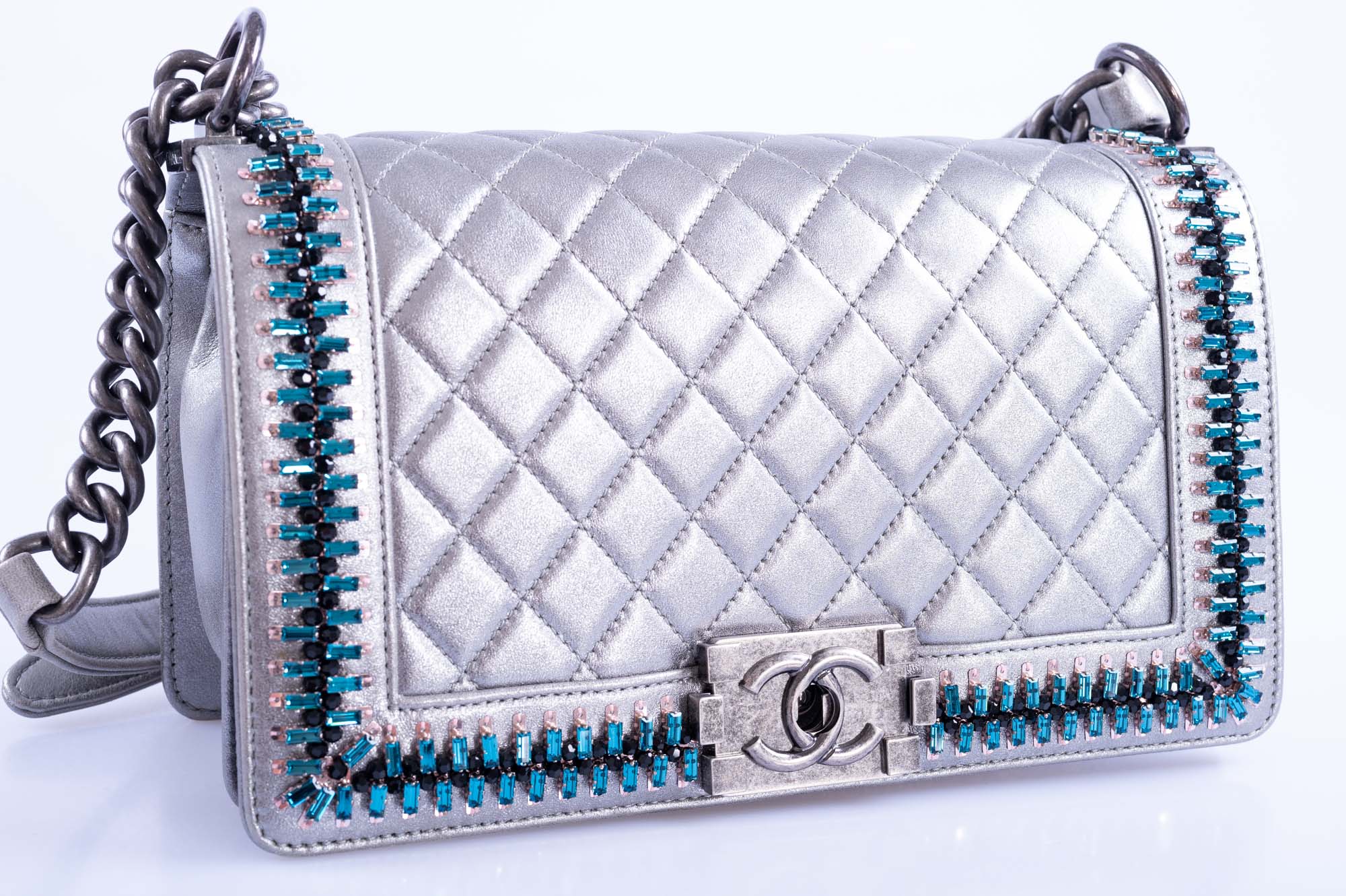 Chanel Medium Boy Flapbag Metallic Silver with Swarovski Crystals