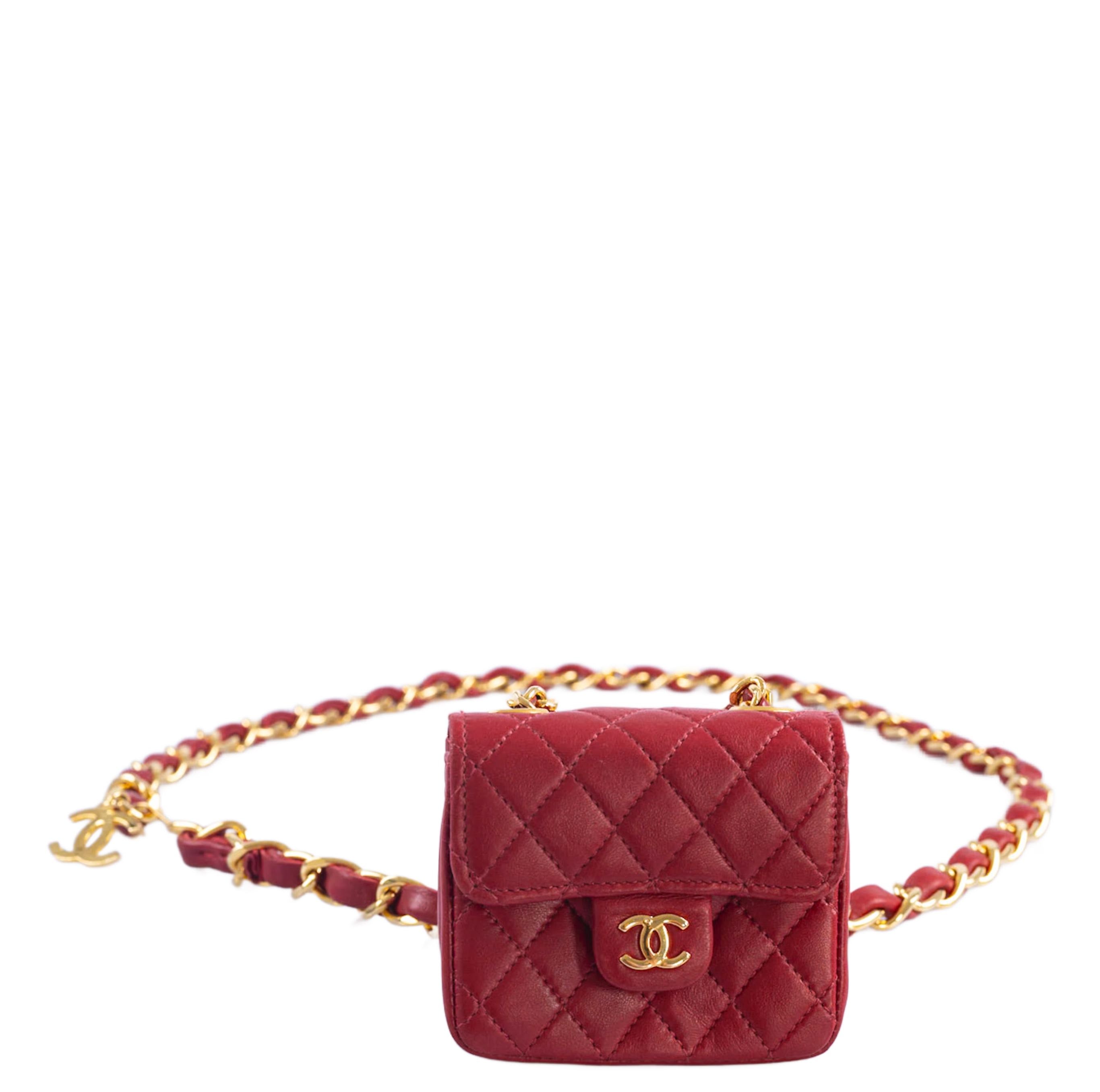 Chanel Micro Classic Flap Belt Bag Red Quilted Lambskin Gold Hardware