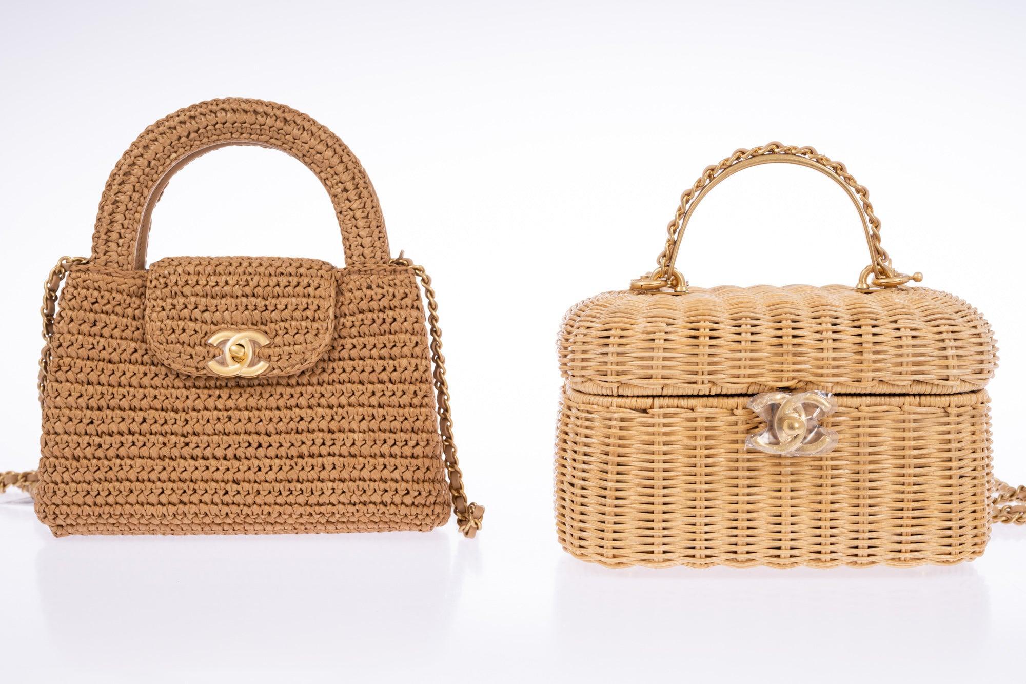 Chanel Mini Shopping Bag Braided Raffia Dark Beige Gold Hardware