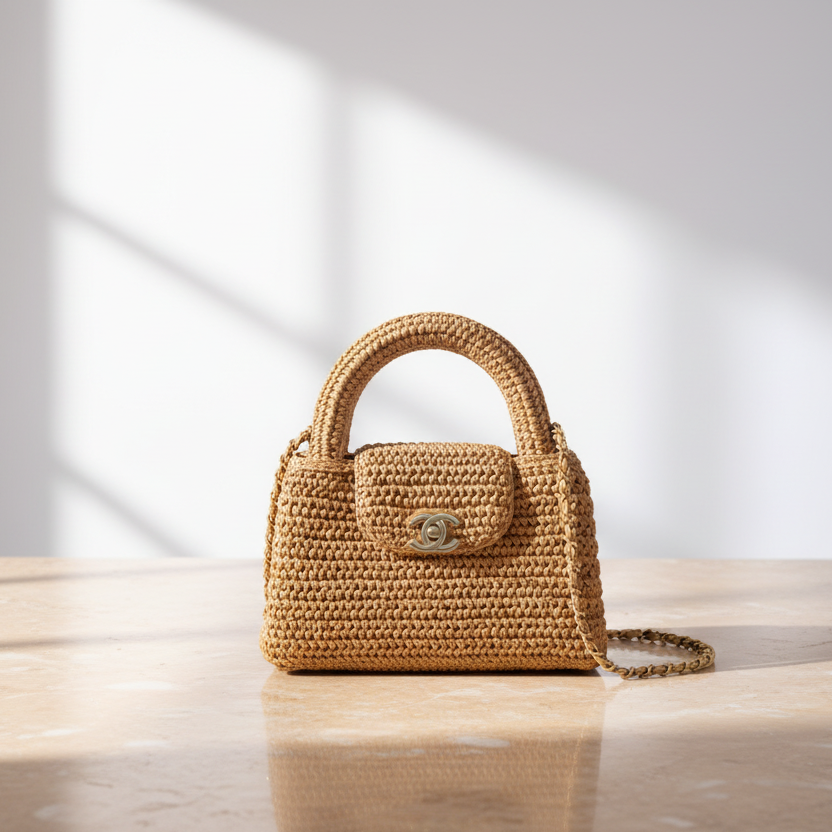 Chanel Mini Shopping Bag Braided Raffia Dark Beige Gold Hardware