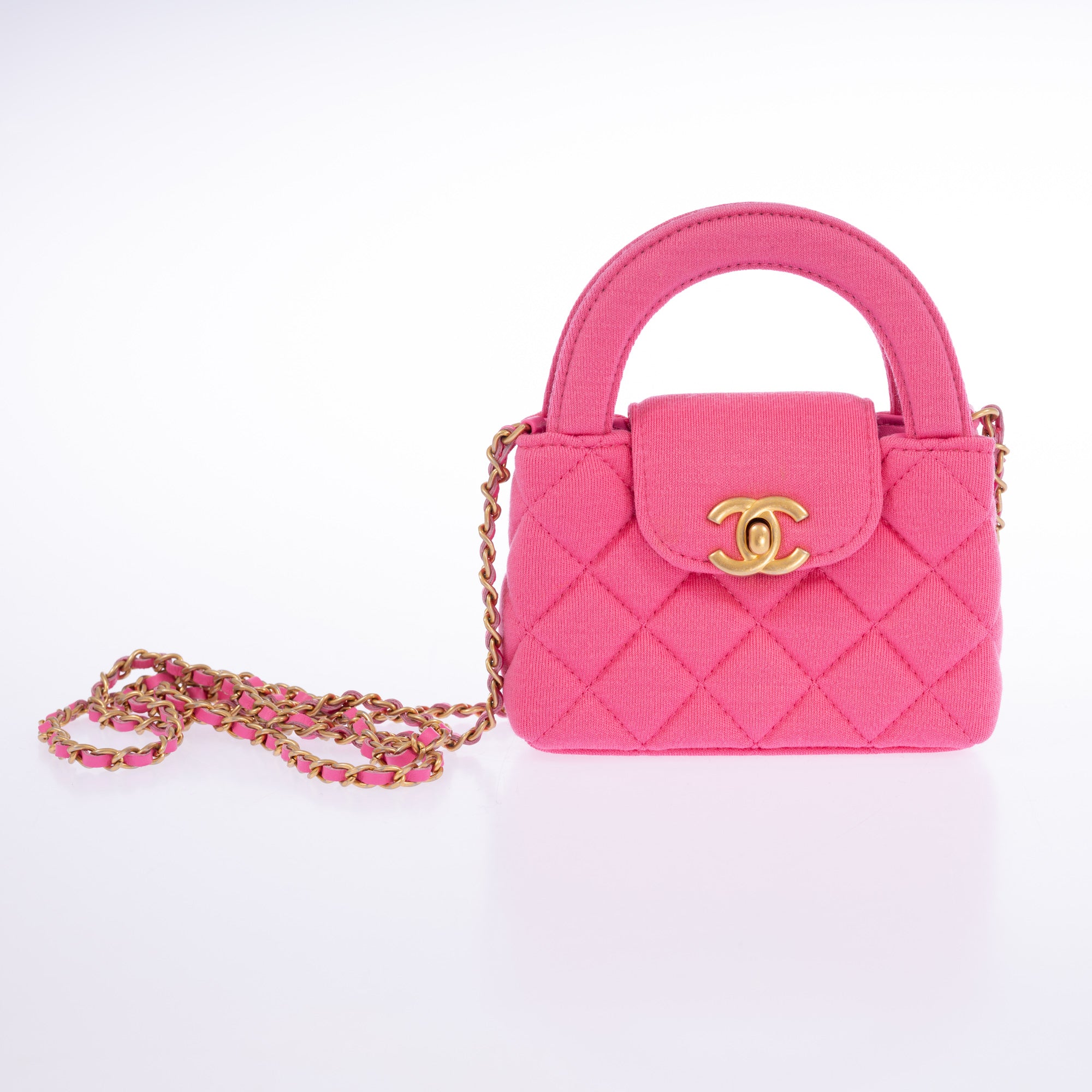 Chanel Nano Kelly Shopper Hot Pink Quilted Jersey Brushed Gold Hardware