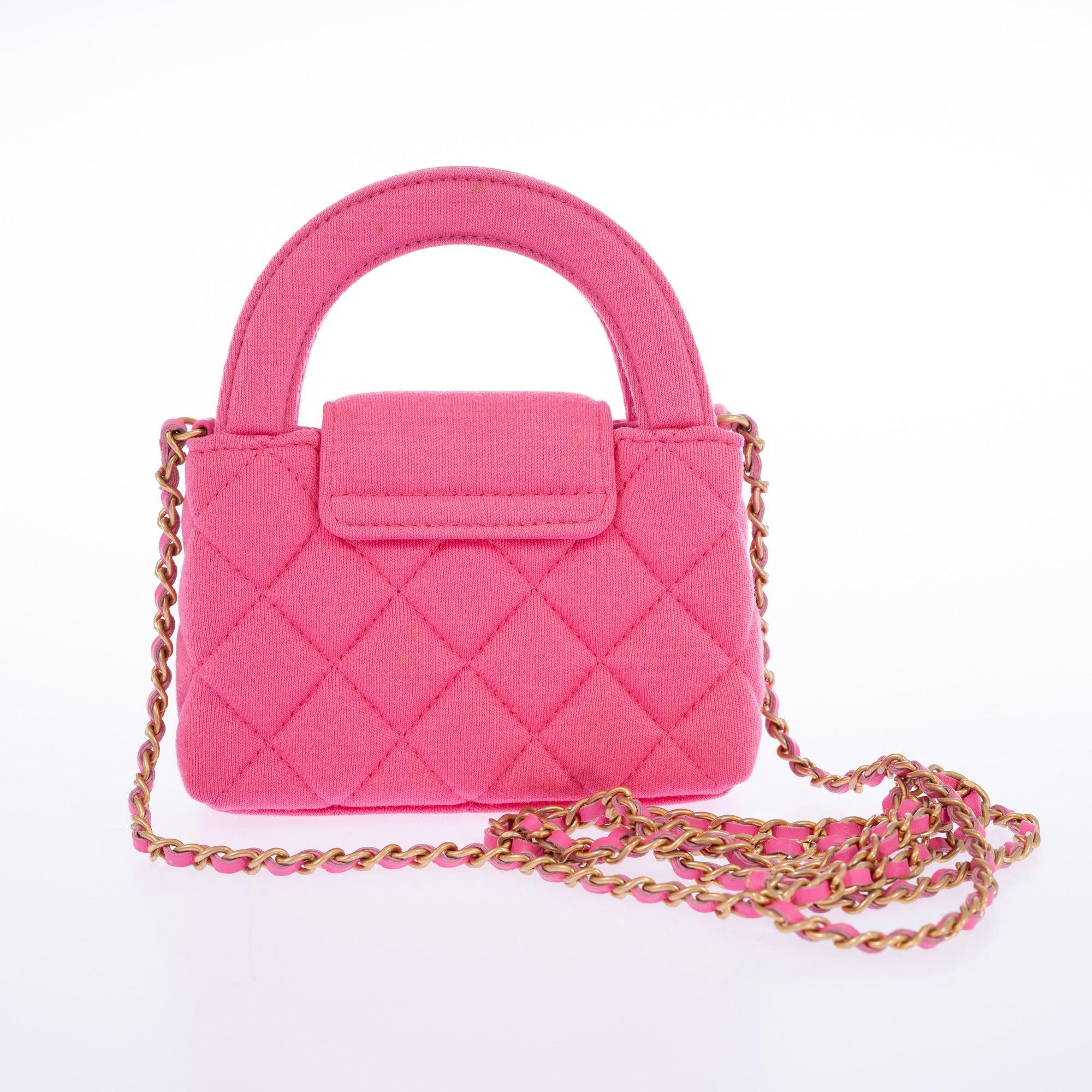 Chanel Nano Kelly Shopper Hot Pink Quilted Jersey Brushed Gold Hardware