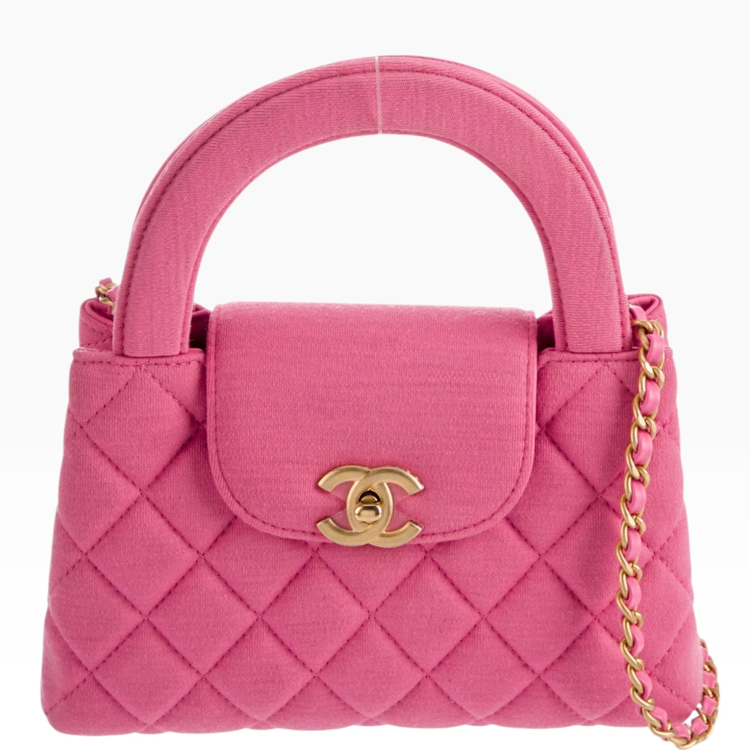 Chanel Nano Kelly Shopper Hot Pink Quilted Jersey Brushed Gold Hardware